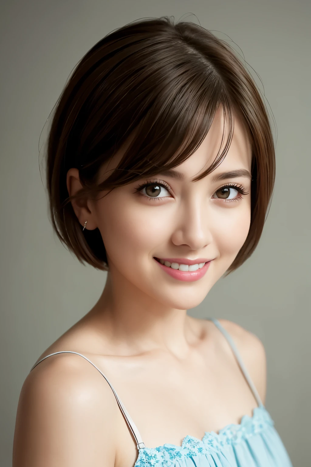 8K, highest quality, masterpiece, realistic, Super detailed, ((1 girl)), cute, (smile), (closed mouth), detailed beautiful eyes, (short hair), bob hair, (Upper body), front, very delicate and beautiful, small details,Blue tops, view audience