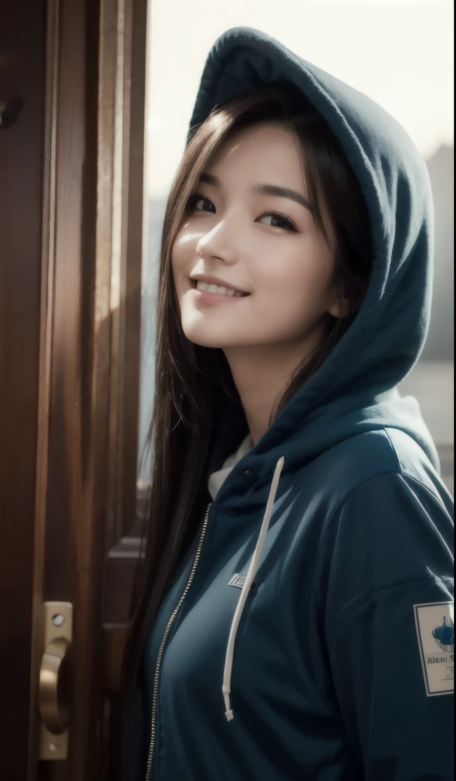 8k, best quality, masterpiece, realistic, ultra detail, photo realistic, hyper realistic, smoother lighting, increase cinematic lighting quality, realistic lighting, backlighting, brightening light, Increase quality, best quality real texture skin, 
close-up, slender, cute face, smile, beautiful details eyes, 19years old korean, pretty, Drill hair with electric blue color, hood,
