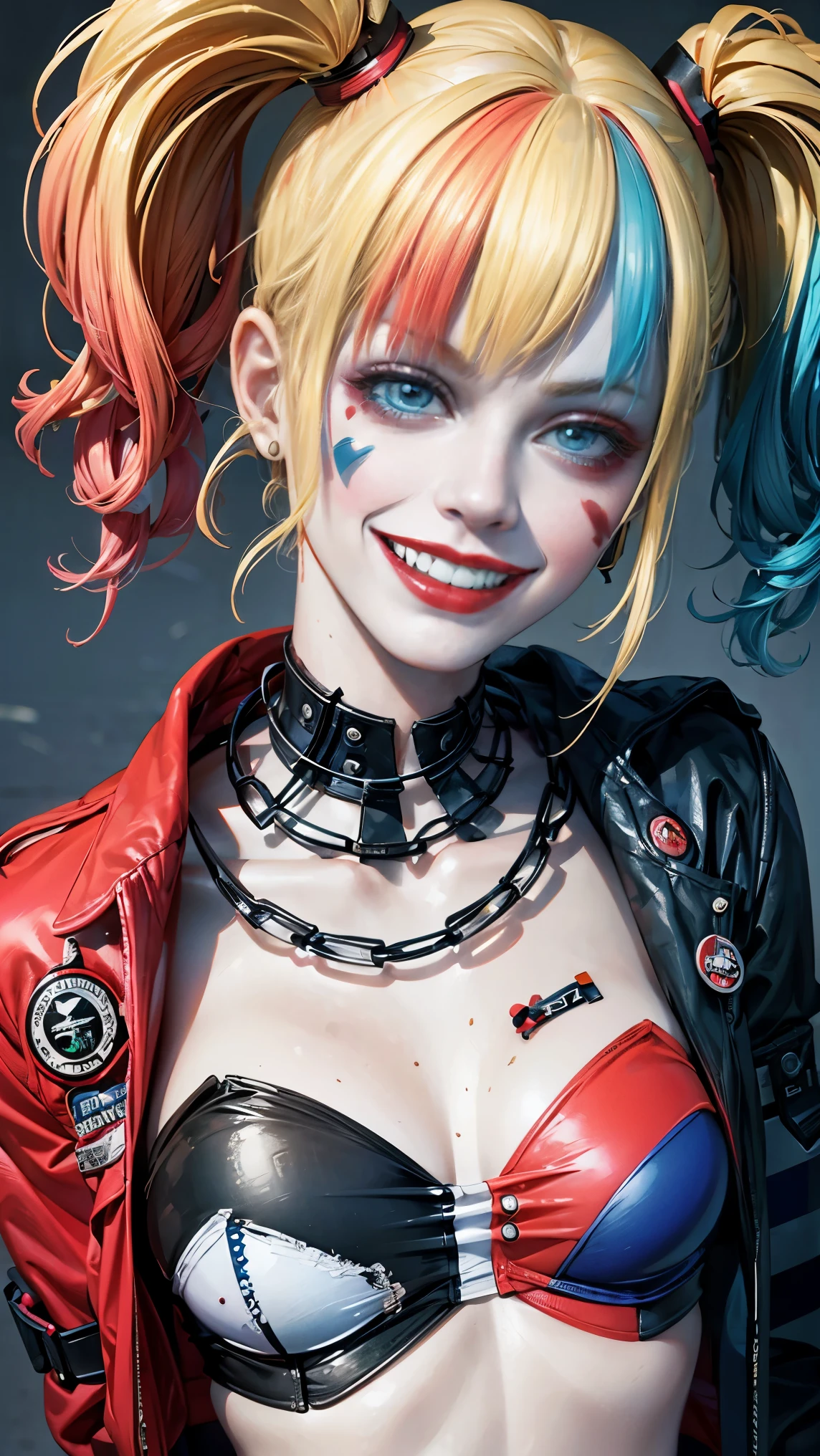 maximum quality、obra-prima、super high resolution、(Photorealistic:1.4)、1 garota、((Harley Quinn)), (garota de corpo inteiro), foto de corpo inteiro, , Cabelo brilhante, cabelo curto, cabelo liso, cabelos brilhantes e limpos, mecha de cabelo na cor rosa, mecha de cabelo na cor azul claro, cabelo no estilo scrunchie、olhos azuis, (maquiagem nos olhos na cor azul claro e vermelho claro), Pele branca e brilhante、(pale skin), Garota louca、jaqueta de couro na cor dividida entre vermelho e preta, ((sorrindo)), sorriso de boca aberta, sorrindo como louca, ((detalhes super realistas))、Sombra、octane rendering、ultra-afiado、rosto hiper detalhado、Fibra de vidro、Tubo luminoso、detalhes altamente intrincados、Realistic luz、CGSoação Trends、(facing the camera)、neon details、de dia、(luz_sorriso:1.0)