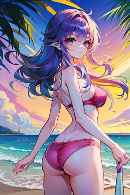 (imagen de buena calidad),(18 year old girl),(paleta de colores calidos),(chica anime hermosa),(ojoa hermosos violetas),cabello largo,cabello blanco,en la playa de dia,de dia playa,wearing pink swimsuit