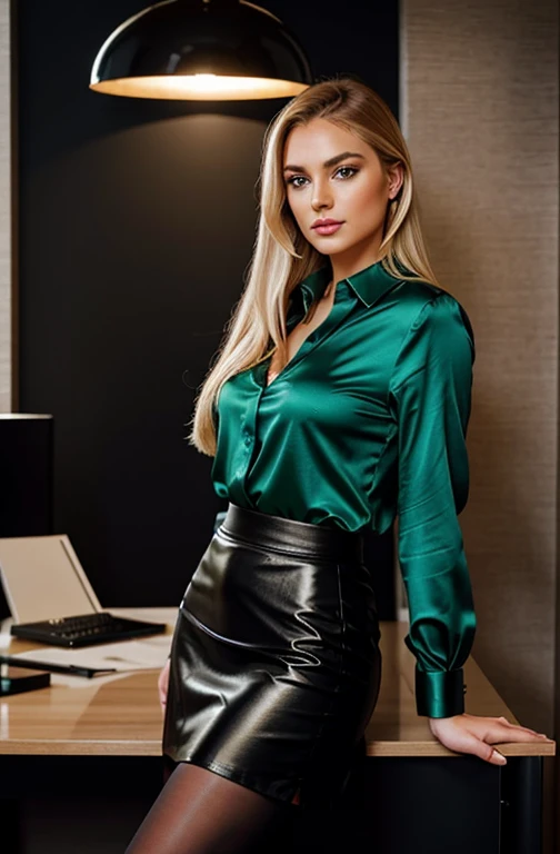 1 girl age19, Long hair, big chest, hourglass figure, blonde hair, green eyes, Realistic, sexy and slim, at the office, executive assistant woman clothes, tight skirt, silk blouse, black pantyhose