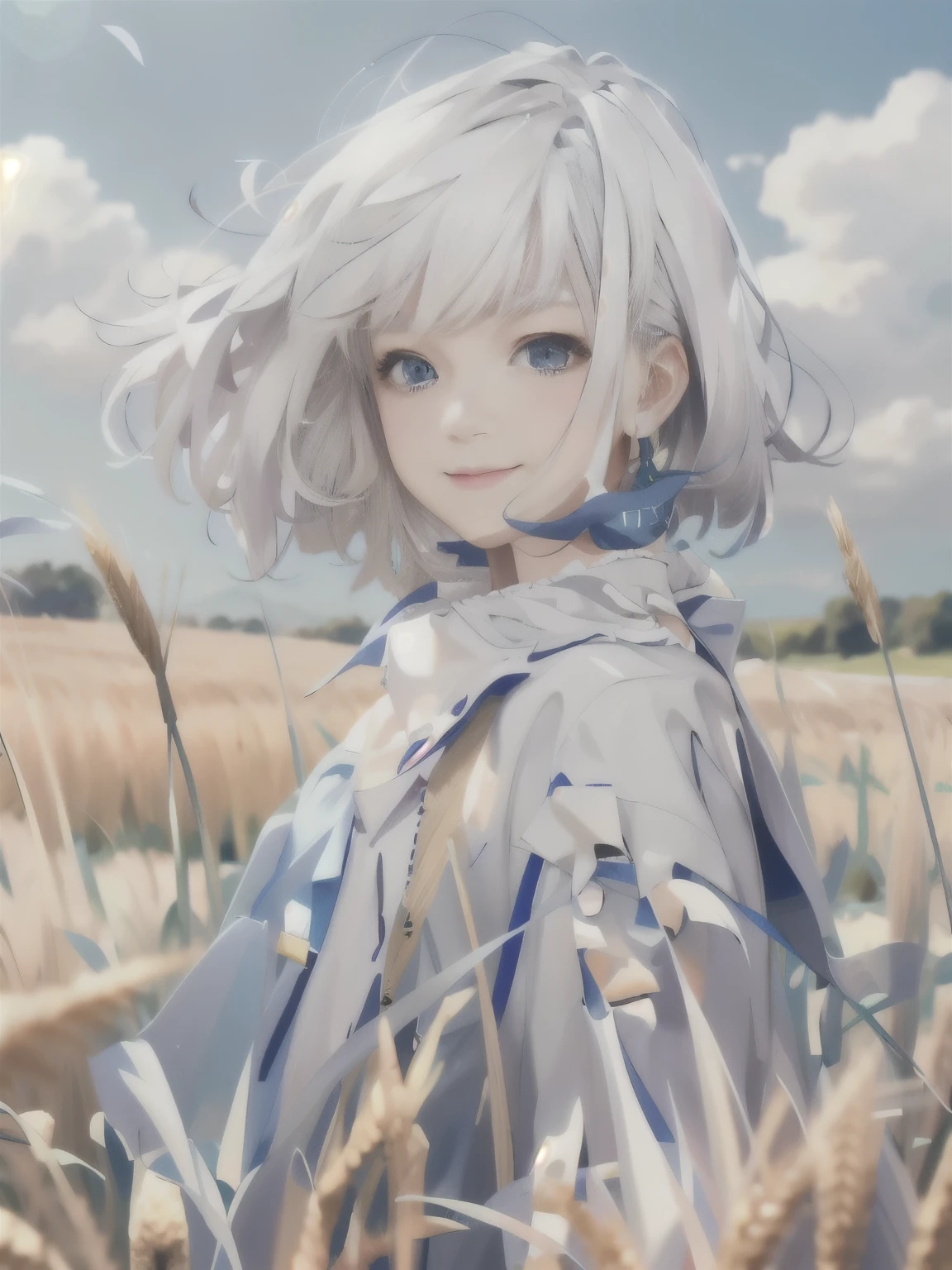 realistic、realistic、15 year old white haired beautiful girl、flowing hair、Portrait、blue sky and green wheat field、gray eyes、cute smile、cheeks slightly pink