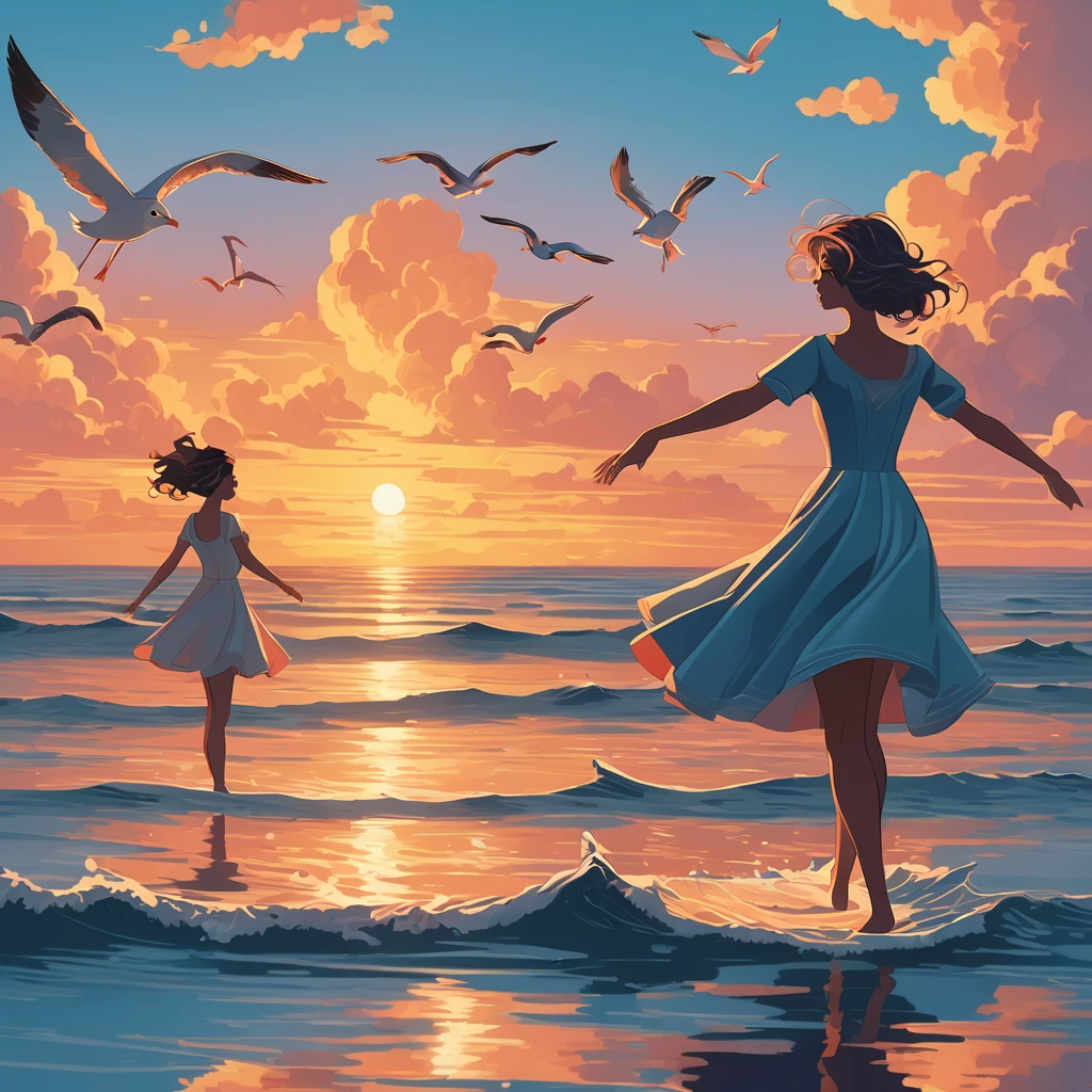 People Dancing on the Sea Surface, aesthetic, extremely detailed, (best quality,4k,8k,highres,masterpiece:1.2),ultra-detailed,realistic,photorealistic:1.37,Medium:oil painting,people dancing on the sea surface,aesthetic,colorful,expressive brushwork,windy atmosphere,dynamic poses,captivating movement,rippling waves,ethereal lighting,seagulls in the distance,twirling skirts,joyful laughter,piano music in the background,rippled reflections on the water,sunset hues,cloudy background,Tom Whalen's signature style,a masterpiece by Tom Whalen,trending on Artstation,floating feeling, and serenity,graceful and fluid movements,mesmerizing choreography,innocent and carefree expressions,endless horizon,harmony between nature and human.