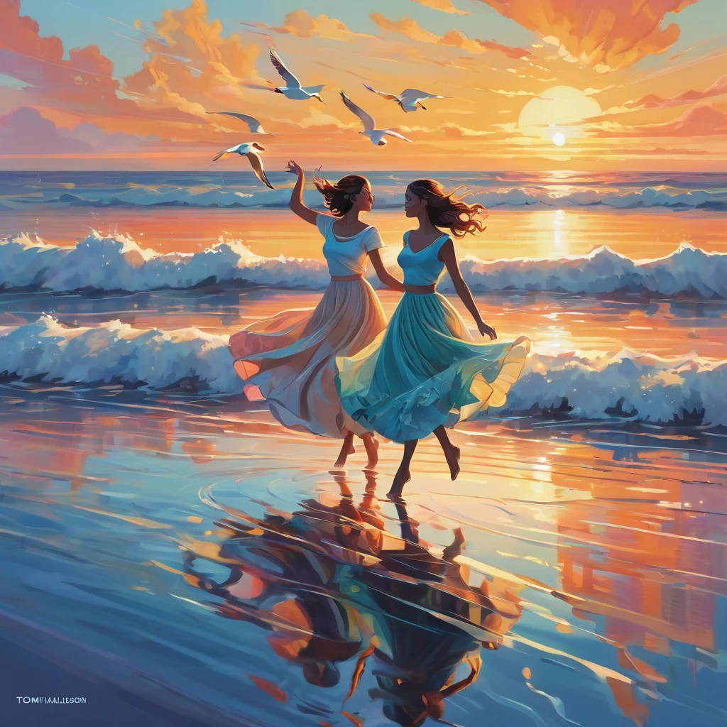 People Dancing on the Sea Surface, aesthetic, extremely detailed, (best quality,4k,8k,highres,masterpiece:1.2),ultra-detailed,realistic,photorealistic:1.37,Medium:oil painting,people dancing on the sea surface,aesthetic,colorful,expressive brushwork,windy atmosphere,dynamic poses,captivating movement,rippling waves,ethereal lighting,seagulls in the distance,twirling skirts,joyful laughter,piano music in the background,rippled reflections on the water,sunset hues,cloudy background,Tom Whalen's signature style,a masterpiece by Tom Whalen,trending on Artstation,floating feeling, and serenity,graceful and fluid movements,mesmerizing choreography,innocent and carefree expressions,endless horizon,harmony between nature and human.