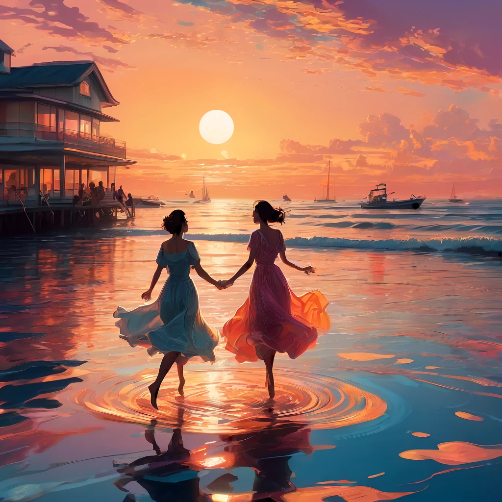 People Dancing on the Sea Surface, aesthetic, extremely detailed, (best quality,4k,8k,highres,masterpiece:1.2),ultra-detailed,realistic,photorealistic:1.37,Medium:oil painting,people dancing on the sea surface,aesthetic,colorful,expressive brushwork,windy atmosphere,dynamic poses,captivating movement,rippling waves,ethereal lighting,seagulls in the distance,twirling skirts,joyful laughter,piano music in the background,rippled reflections on the water,sunset hues,cloudy background,Tom Whalen's signature style,a masterpiece by Tom Whalen,trending on Artstation,floating feeling, and serenity,graceful and fluid movements,mesmerizing choreography,innocent and carefree expressions,endless horizon,harmony between nature and human.