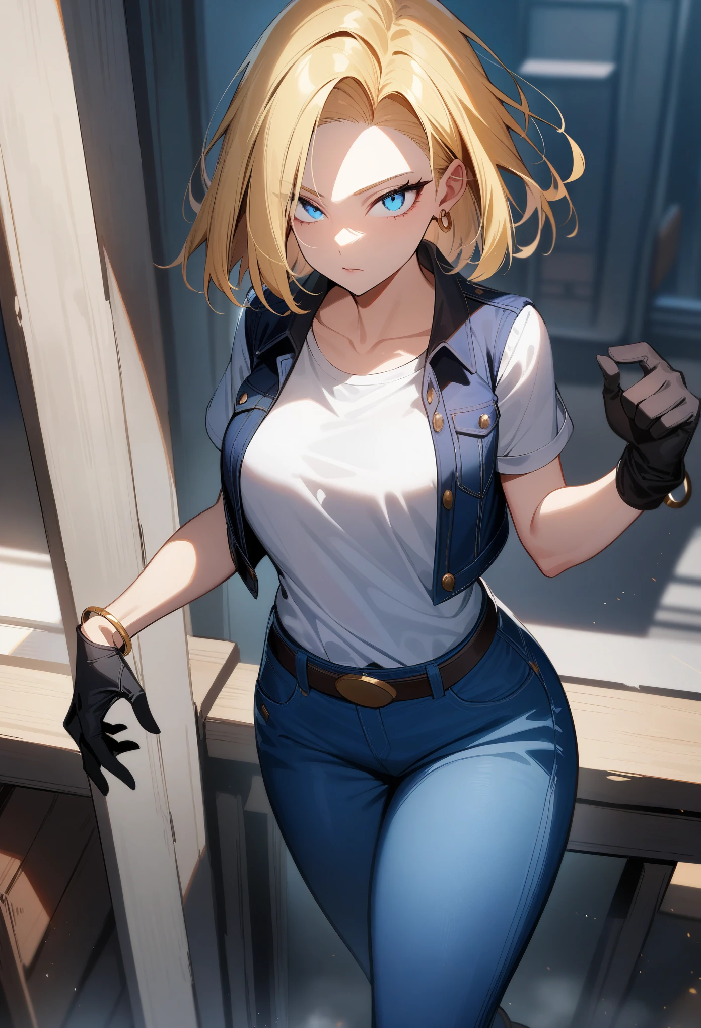 best quality, highres, and18, 1girl, android 18, solo, blonde hair, blue eyes, long hair, earrings, jewelry, denim vest, open vest, black pantyhose, black shirt, denim skirt, striped long sleeves, blue skirt, large breasts, cowboy shot, street, gagged, kidnapped, bound, seated on the floor, full body view, tape gag, tape on the mouth, secured, tight knots