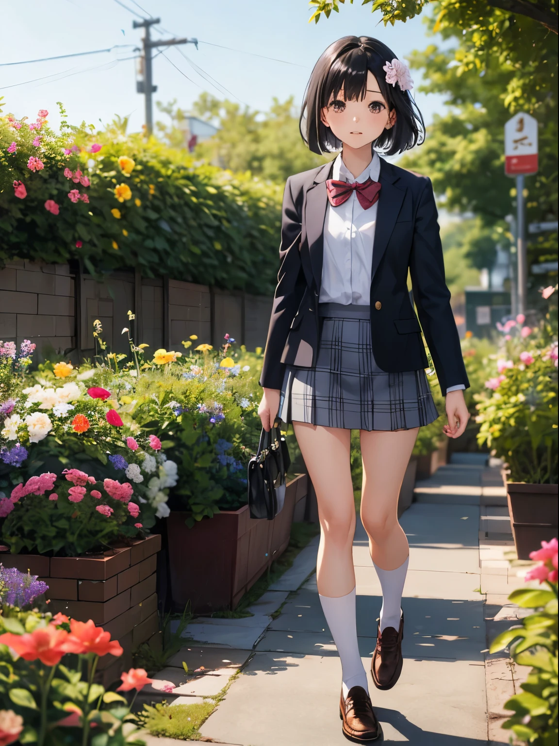 one girl、flower hair ornament、short bob,black hair、blown by the wind、blazer、mini skirt、loafers、high school student、garden