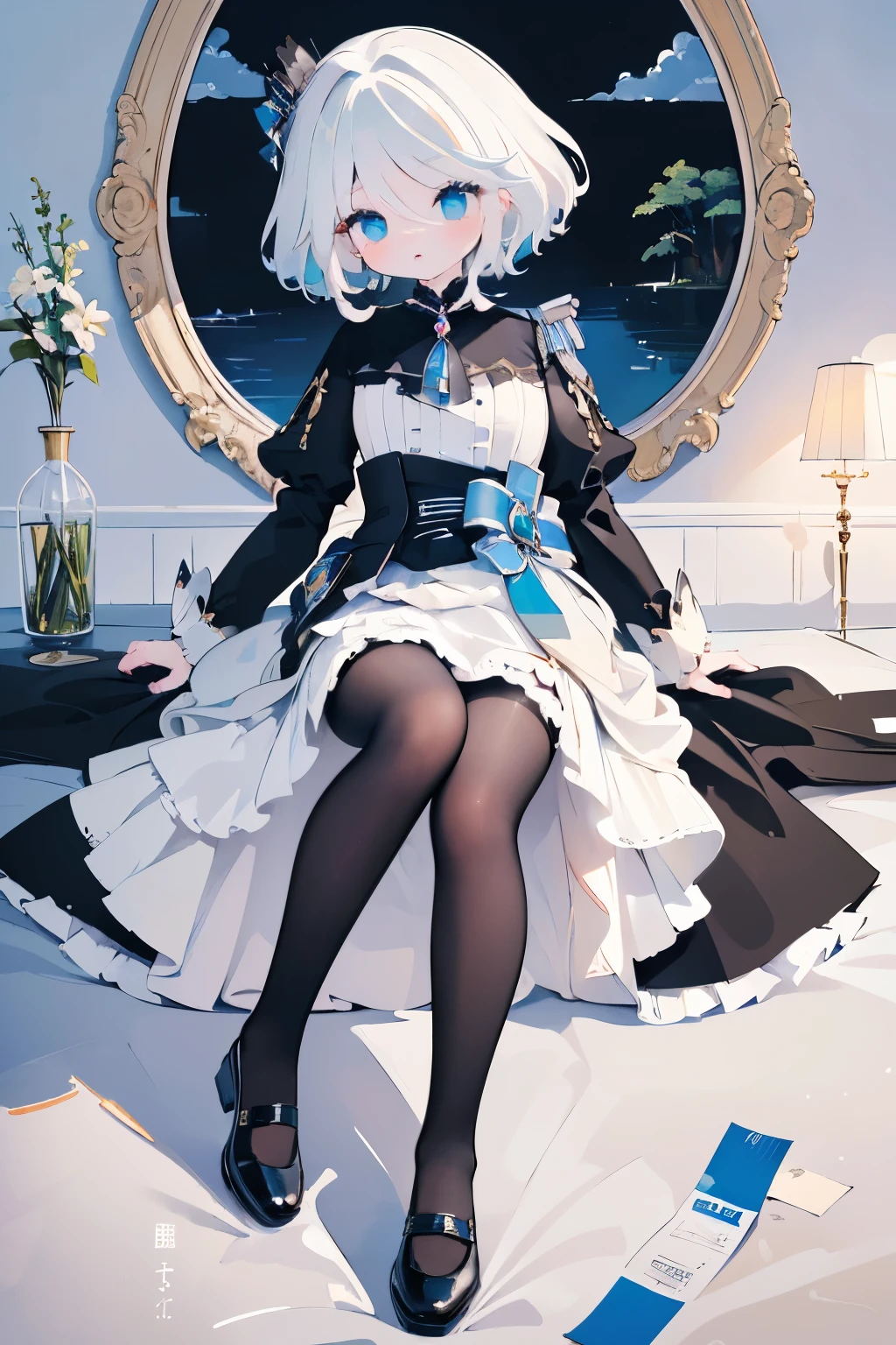 (64k, RAW photo, best quality, masterpiece),(waterpaint,illustration.paint),(detailed eyes and cute face) , furina (Medium cute fluffy white hair) , Cute big eyes , mistress , cute wife , thighs , cute Medium bust , Smooth abdomen , maid attire, black pantyhose, student shoes