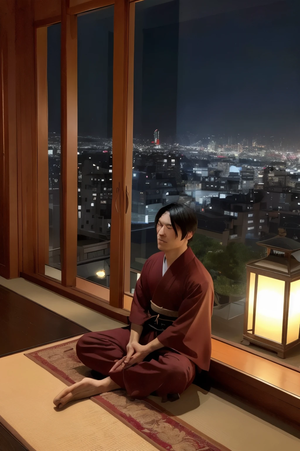 Image:
- Setting: Window of a luxurious building atop a city
    - Setting details: Nighttime, oriental decoration, panoramic city view
- Character: Samurai in a meditation pose
    - Appearance: Traditional samurai attire, calm and focused posture
    - Position: Seated on a cushion or mat, legs crossed, hands resting on knees
- Art style: Cinematic realism, high definition
- Other elements: Oriental decorative elements such as lanterns, plants, rugs, etc.
