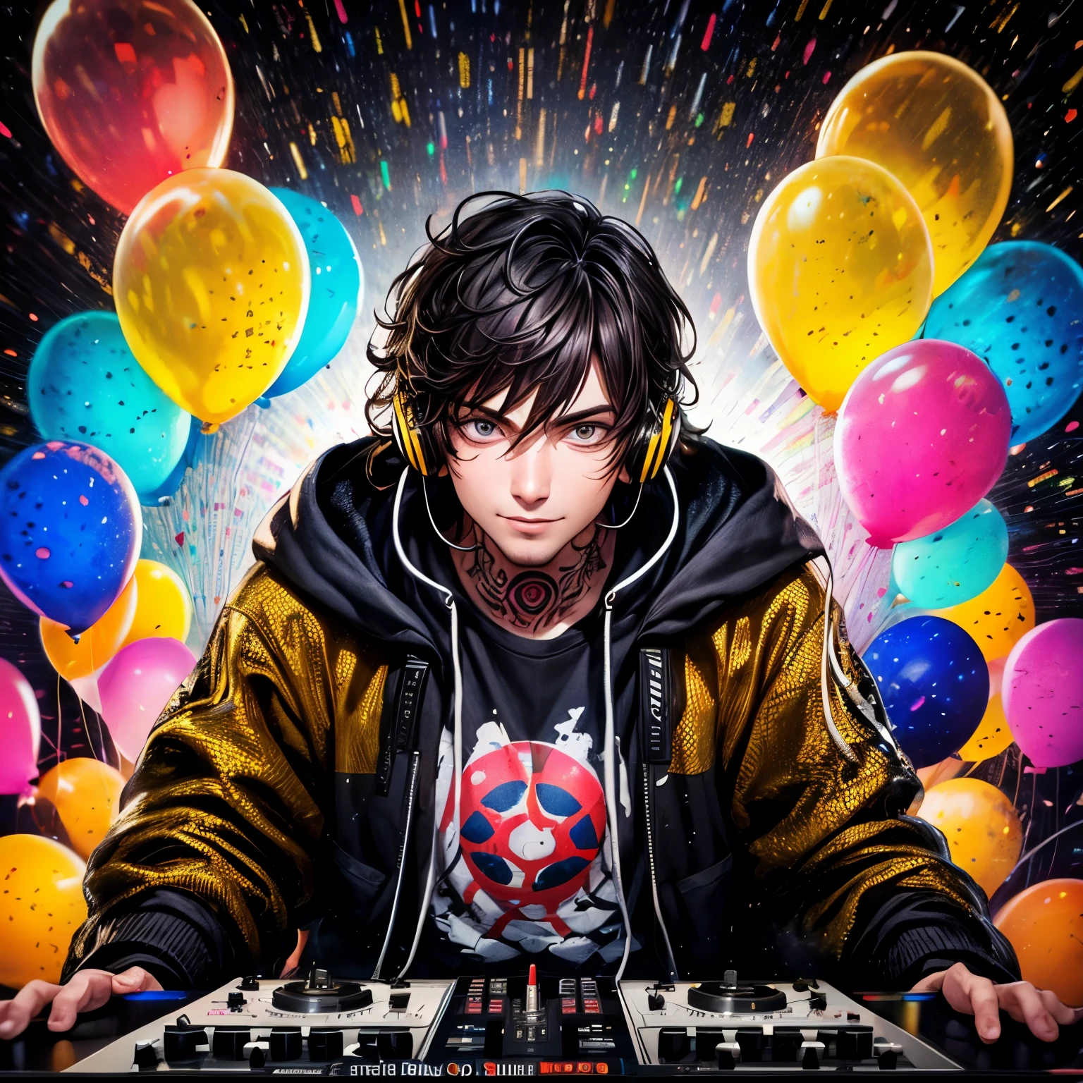 ((worst quality, low quality)), muste piece,best quality,Super detailed,masterpiece, face focus,Handsome man in his 40s, solo, dreadlocks, (tattoo:1.3), (Long, brave eyes:1.4), headphones, hoodie, (best smile:1.2), (Background of DJ booth with many balloons flying:1.2), balloon effect🎈,masterpiece,32k,