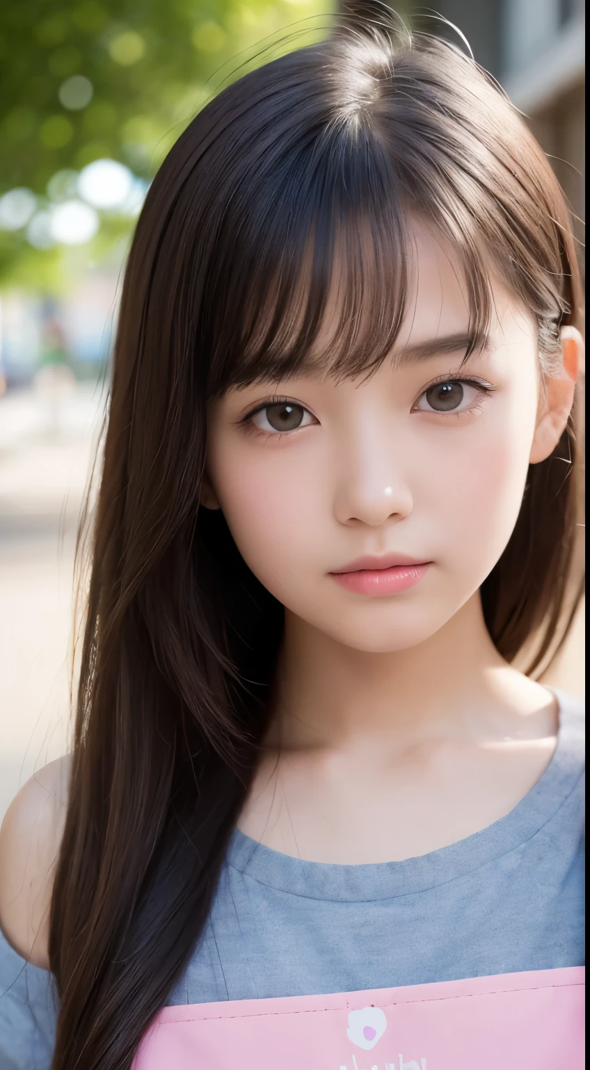 (elementary school girl:1.5,) (12 years old:1.5), (masterpiece:1.3)、Super detailed finish、(High resolution、8K:1.3)、(highest quality、Ultra-realistic as a photo:1.5)、sharp focus, 超High resolutionの顔、the face is in focus、Ultra high definition and beautiful eyes、Eyes are symmetrical:1.3、High-definition and beautiful skin、firm skin、close up of face、 school bag, (My shirt is off and my shoulders are visible:1.1)、very cute、very cute, glossy lips、I&#39;m embarrassing by people staring at me、(strange expression), anxious look、blush:1.3, embarrassing:1.3、stare at the camera:1.2, no makeup