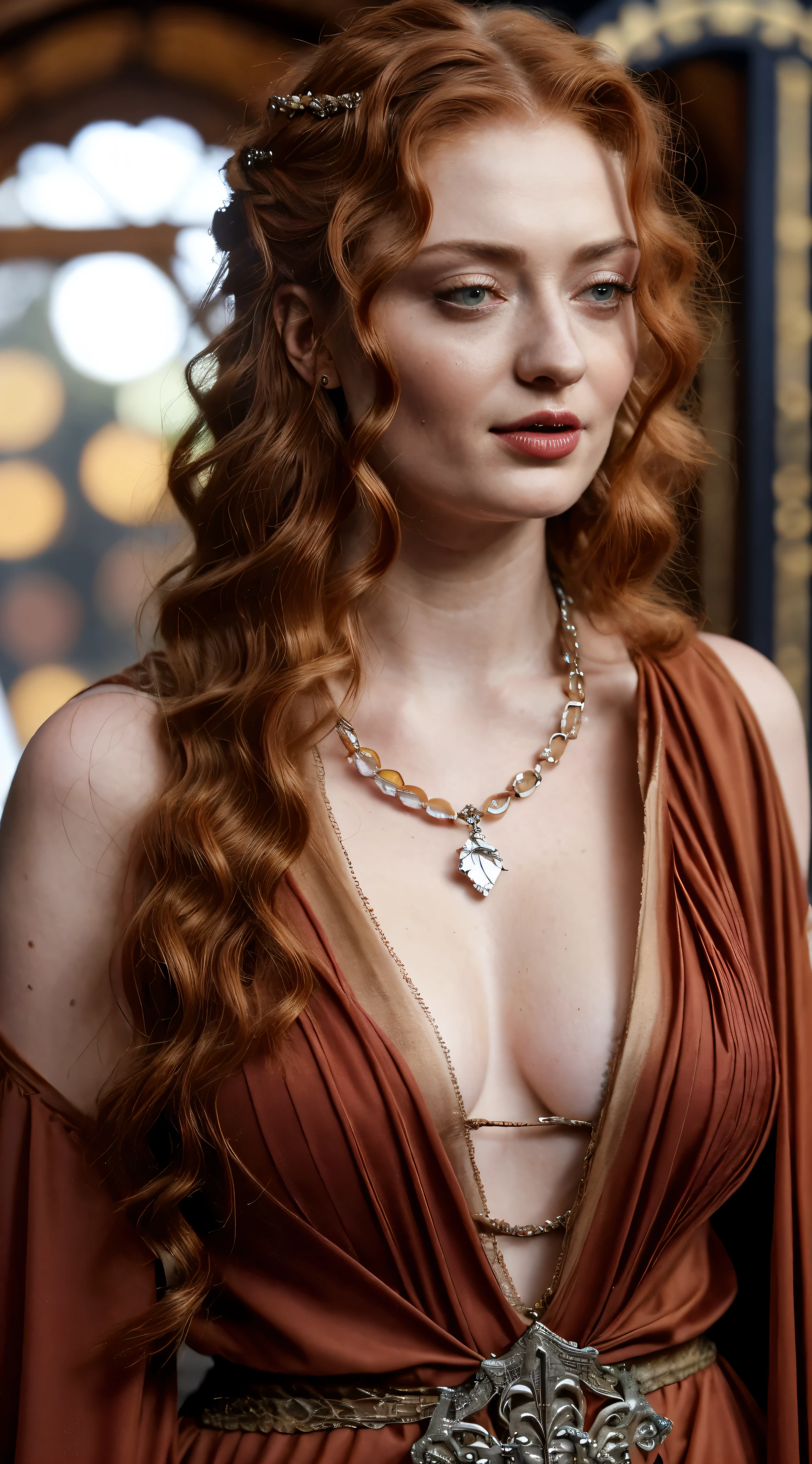Sophie Turner, the de facto Lady of the Eyrie, is a 40-year-old mature queen with a stunning, plump face, alluring appearance. Full Face, reddish lips, upper body shot, erotic Mediaeval costumes, game of thrones costumes, She wears a Game of Thrones-inspired costume and has a deep cleavage, a perfect thick body, and a perfect thick figure. The photograph captures her in a close-up, with her skin texture and facial features being ultra-realistic and realistic.