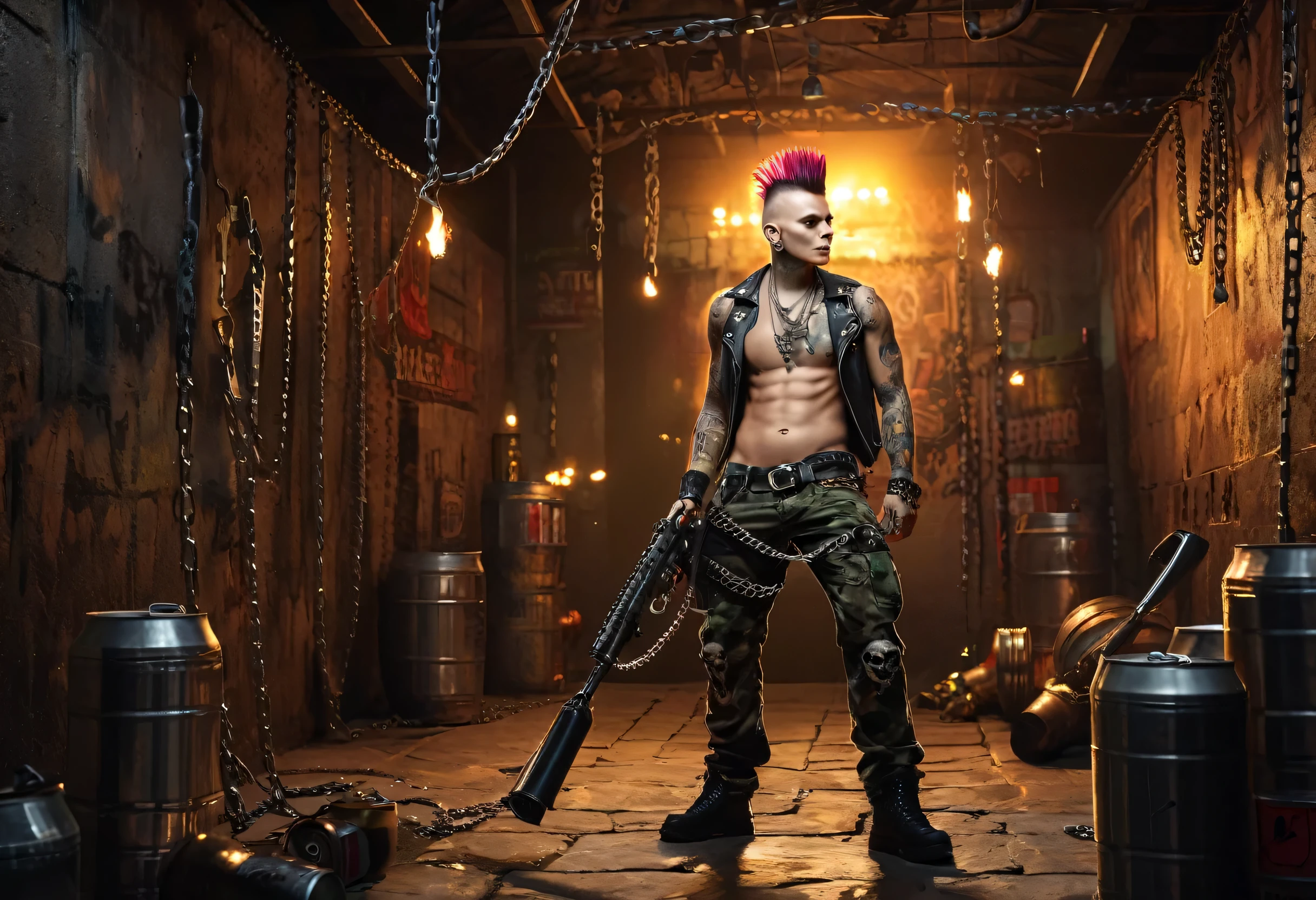 Character design, Mohawk punk rocker with tattoos, no shirt, camo pants, holding a bazooka that shoots cans of beer, Walking in a dungeon, dramatic lighting, torches on the walls, chains hanging from the ceiling, skeletons in the background.