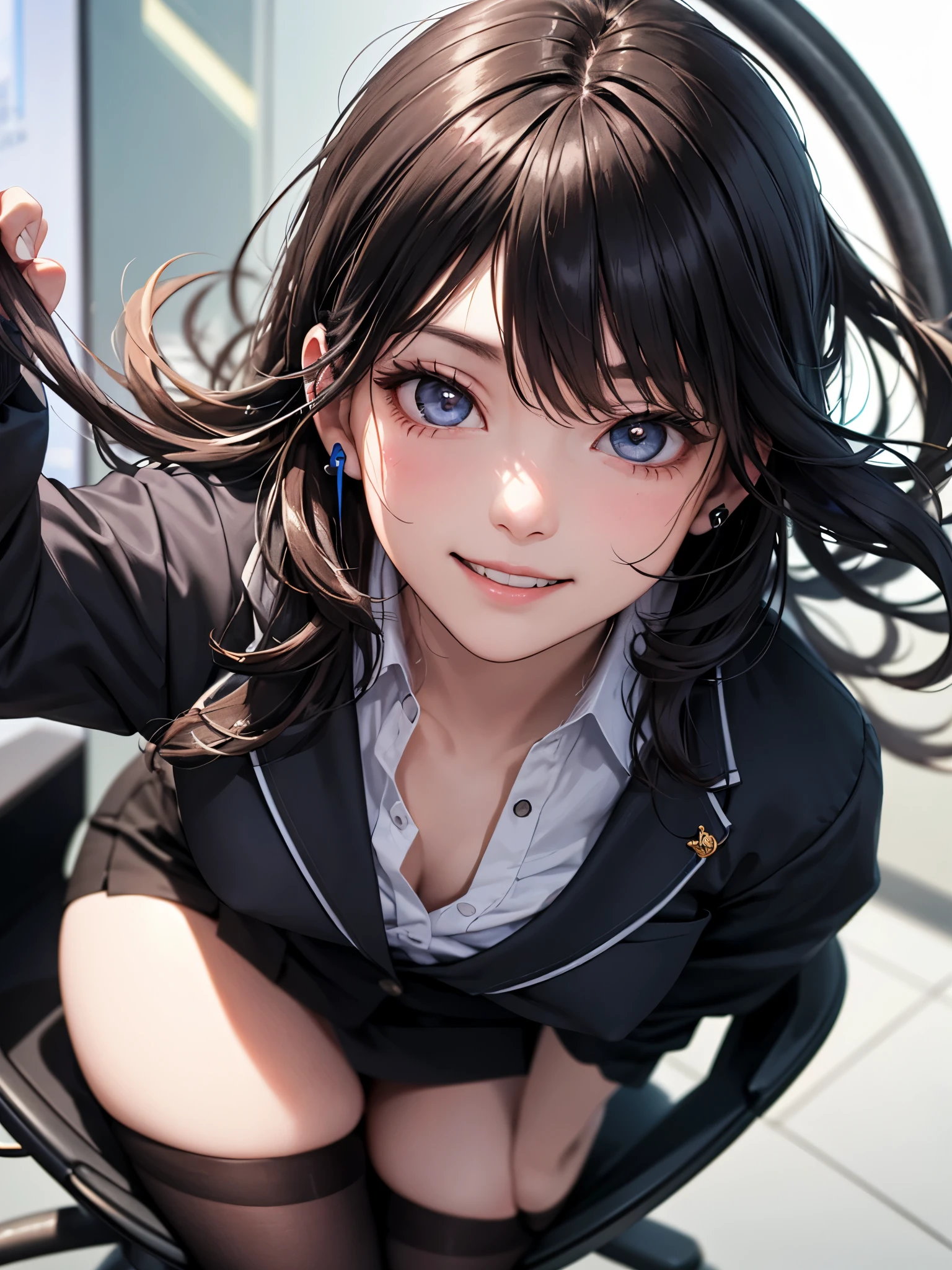 (realistic, photo-realistic:1.37),(8k, RAW photo, highest quality, masterpiece:1.2), cute, super detailed,heart-shaped pupil,Physically based rendering, ultra high resolution, kodak vision color, Arricam LTカメラで撮影, Bokeh, sharp focus, looking at the viewer,photorealistic,realistic, alone, photorealistic, highest quality,highly detailed face,highly detailed eyes and face, detailed and beautiful eyes,disorganized, incredibly disorganized,unforgettable smile,messy hair, floating hair, ,21 years old、slender、Japanese、No tie、The length of the skirt is up to the knee、Stockings are flesh colored、headphone、Dress me in a black recruit suit,Wearing black recruitment skirt,headphoneをつけて,make a gaming chair、Shoes are black pumps