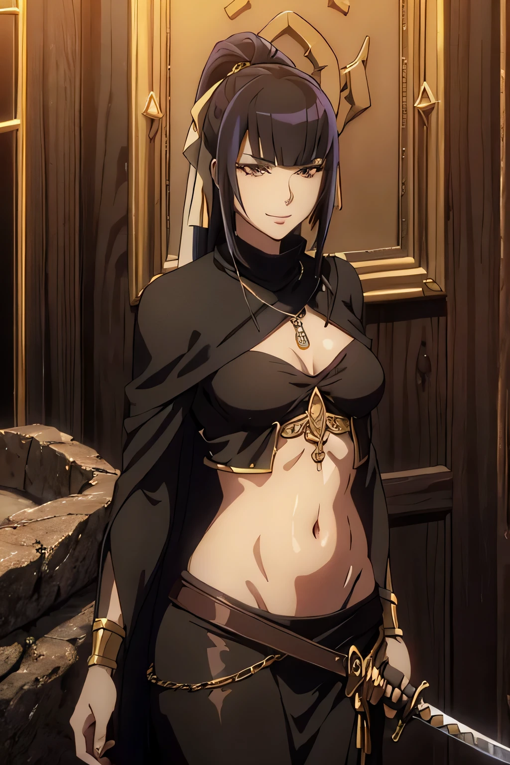 1 girl,  Naboral Gamma,black hair, long hair, masterpiece, best quality, highly detailed ,glint,halterneck,gold_choker, complex detailed background,
inside, stone wall, ancient interior, ancient egyptian room, hieroglyphs, dark lighting, dark
atmosphere, (cowboy shot), holding a sword, sword, belly_chain,harem_outfit,navel, necklace,
pelvic_curtain,revealing_clothes, veil，masterpiece,best quality,1girl,mature,evil smile, smile,
female,mature,necklace,pendant, (nsfw) not safe for work, exposed belly, exposed navel, exposed
midriff, exposed lower belly, navel piercing