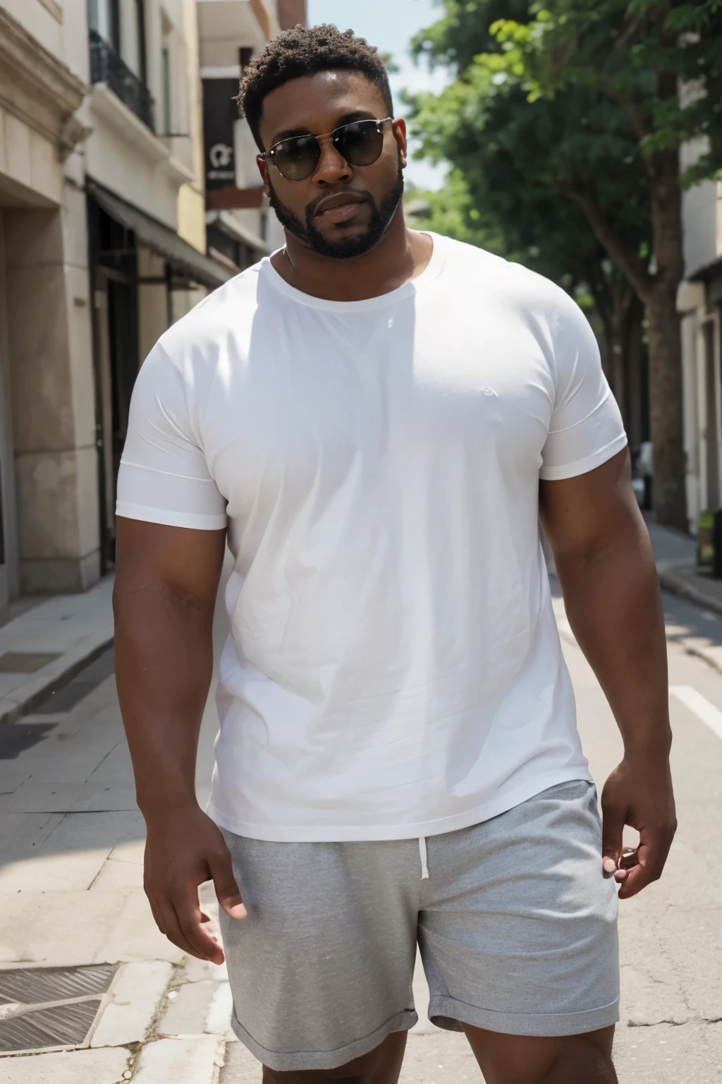 american man,350 pounds,200cm,Pure white loose T-shirt,front Photo,Black person,black hair,short hair,Wearing sunglasses,shorts, white sneakers, Blurred street photography background,Hand in the trouser pocket,alone,