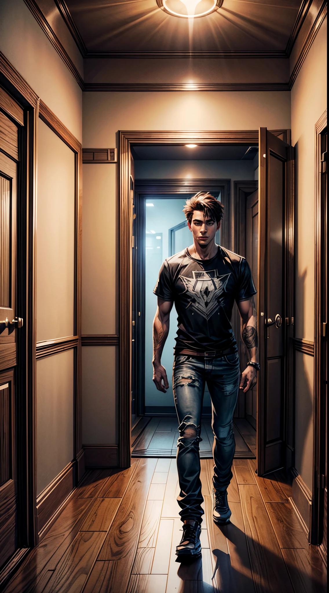 A young man stands in front of your room, 4k, unreal engine render, epic comic illustration