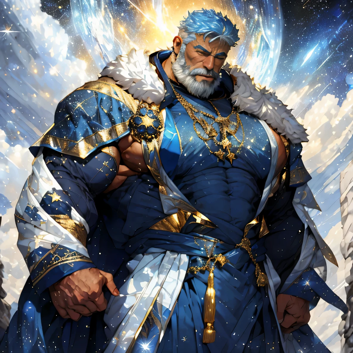 A big one, muscular old man，Sixty-five years old，Gorgeous sapphire blue silk robe，gold trim，He showed off his huge muscular chest，He showed off his great pecs，Energetic，Behind him are the brilliant starry sky and the cold polar regions，He showed off his strong chest muscles，Looking to the future，