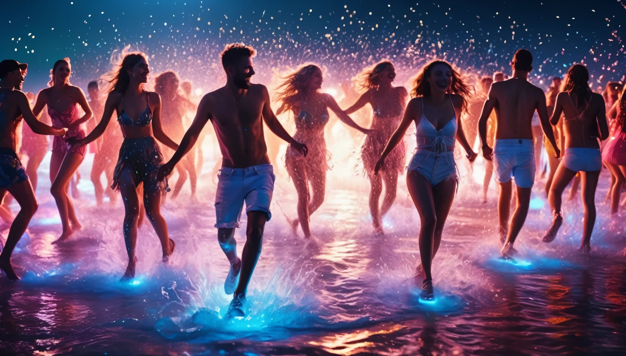 (realistic,photorealistic:1.37),people dancing on the sea surface,beach party,young people dance techno on sea surface (party scene),(bright lights,neon lights:1.1),crazy party,(joy,fun:happiness:1.1),water splashes from under their feet,8k