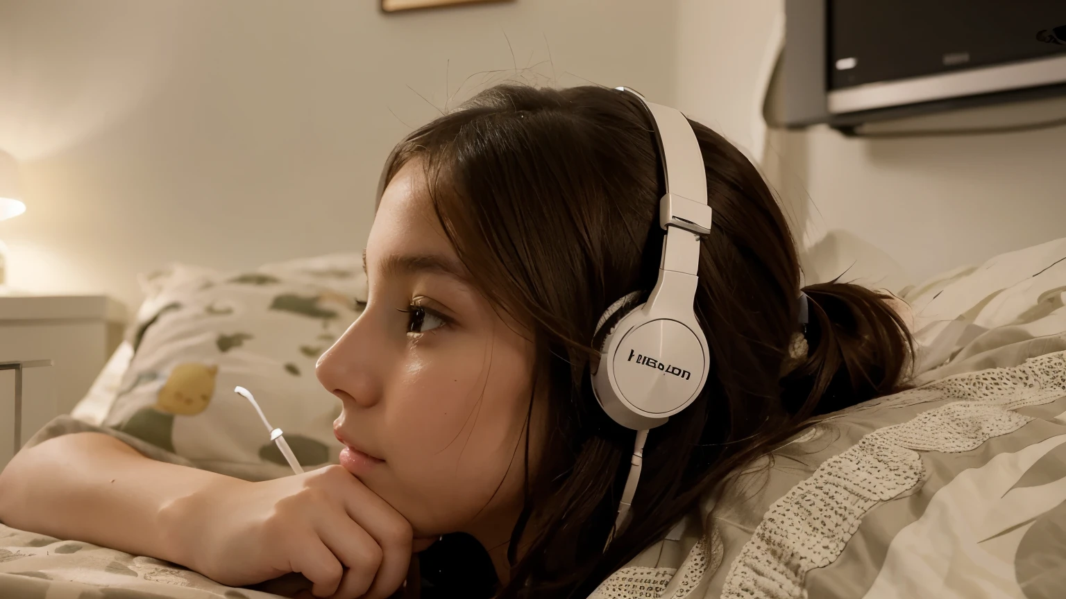 a cute girl listing music with hedphons siting on the bed side view with headphone
