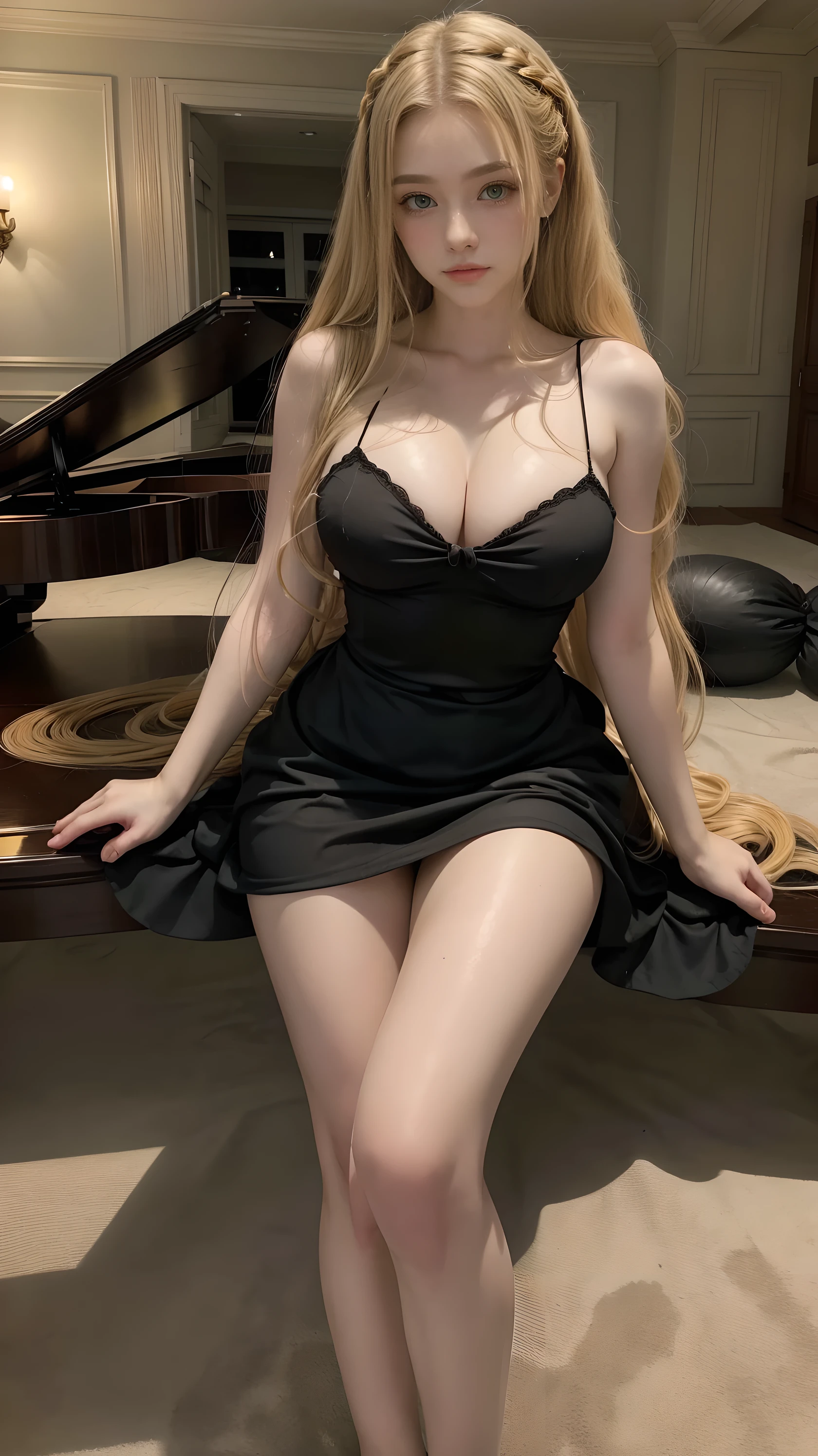 2 blonde Girls, Beautiful, Baby symmetric Face, ,,enormous Breasts ,((black cocktail dresses)),on her knees For Photos near a grand piano, long blonde curly and wavy golden Hair tied in braids, adorable masterpiece ((yellow honey colored eyes)) , seductive legs very thick hourglass figure body, ass 3/4 view,closeup , grabbing breasts, soft dark ambient lights