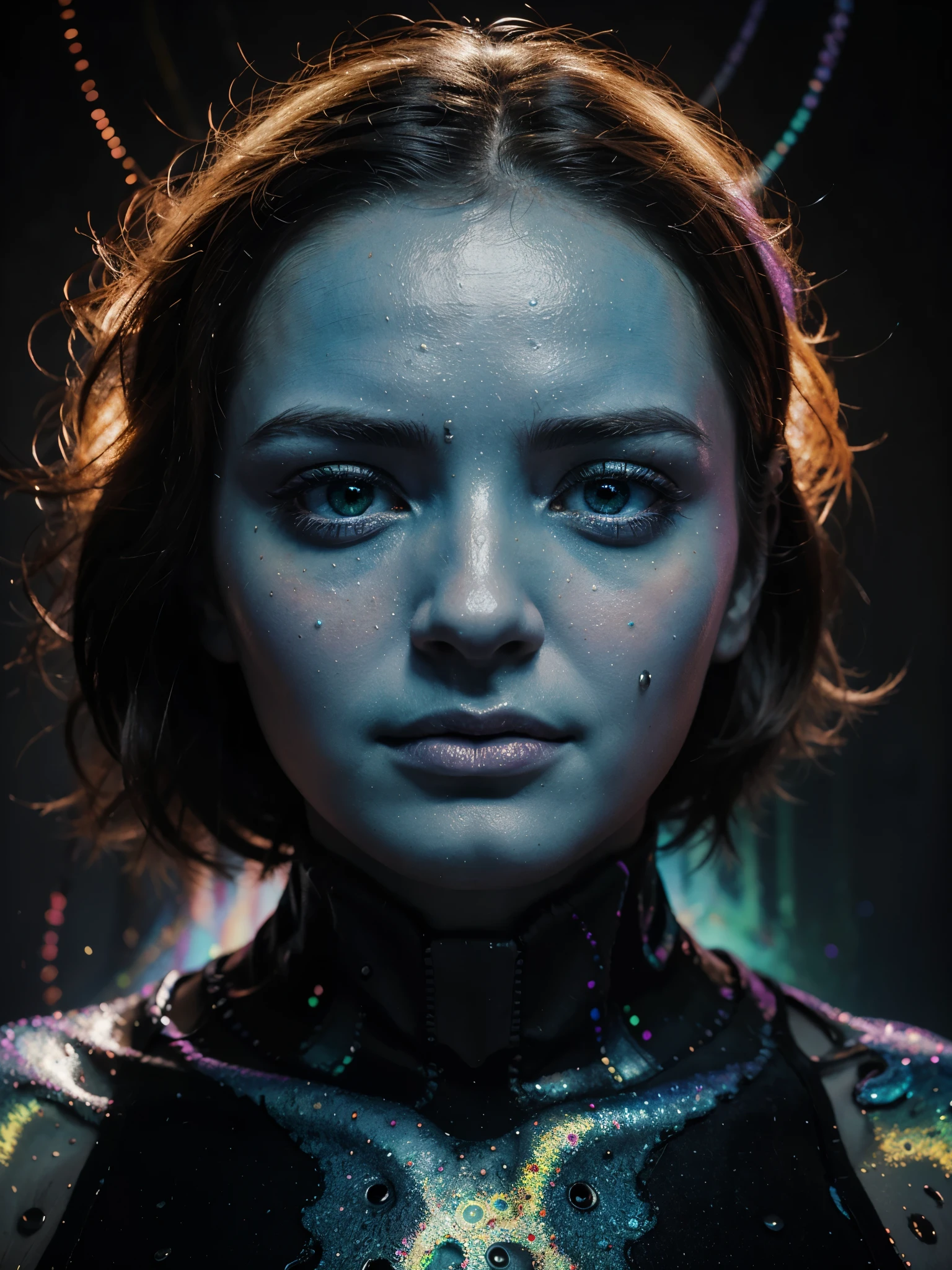 In the style of op art, create a surrealistic portrait of a person with vibrant, iridescent skin resembling a detailed sculpture inspired by Moebius and Beksinski. The person is against a hypnotic, psychedelic background dominated by orange, pink, green, and blue tones, resembling an oil on water effect, the artwork should be created using oil painting technique on canvas, black background. The person's eyes should be strikingly blue and there should be special effects with a symmetrical arrangement, surreal,soft airbrush, psychedelic, bioluminescent. The overall artwork should have a silver surfer- like appearance. The resolution of the artwork should be 8k, with HDR and UHD capabilities, making it an award winning and dramatic piece of art trending on Artstation