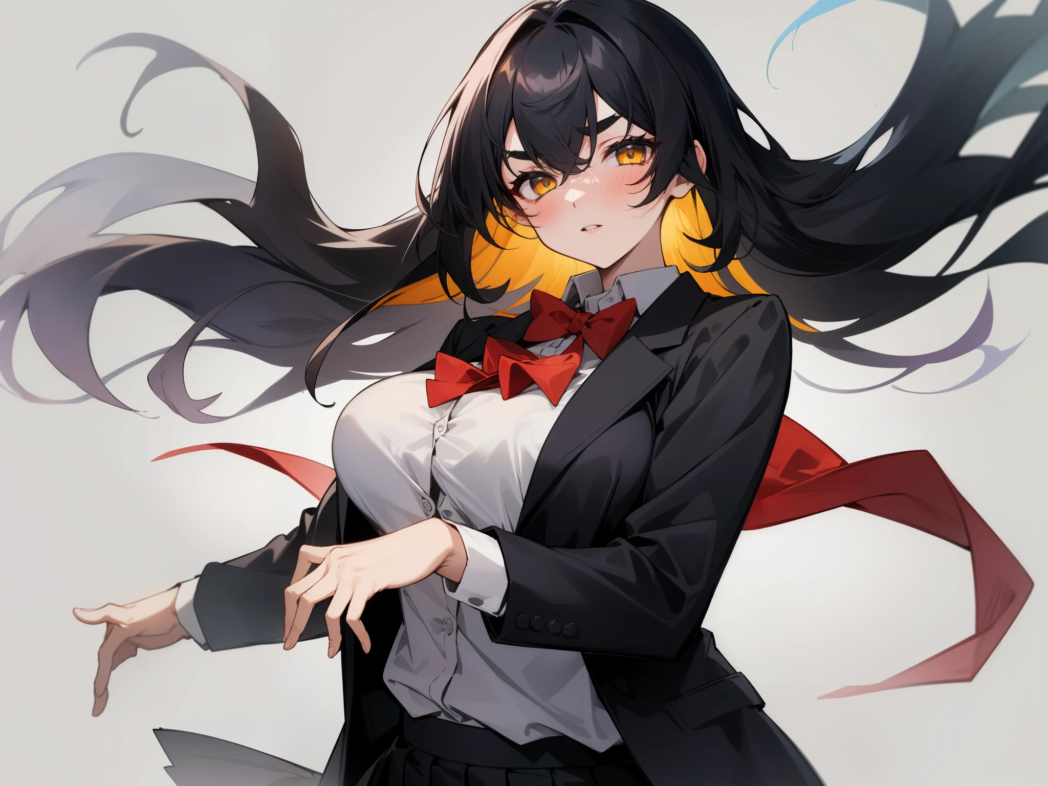 1girl, rating:safe, breasts, black_hair, blush, solo, long_hair, large_breasts, shirt, collared_shirt, white_shirt, red_neckwear, bangs, looking_at_viewer, skirt, bow, red_bow, jacket, yellow_eyes, bowtie, long_sleeves, eyebrows_visible_through_hair, grey_background, hair_between_eyes, upper_body, black_skirt, school_uniform, black_jacket, pleated_skirt, dress_shirt, parted_lips, simple_background