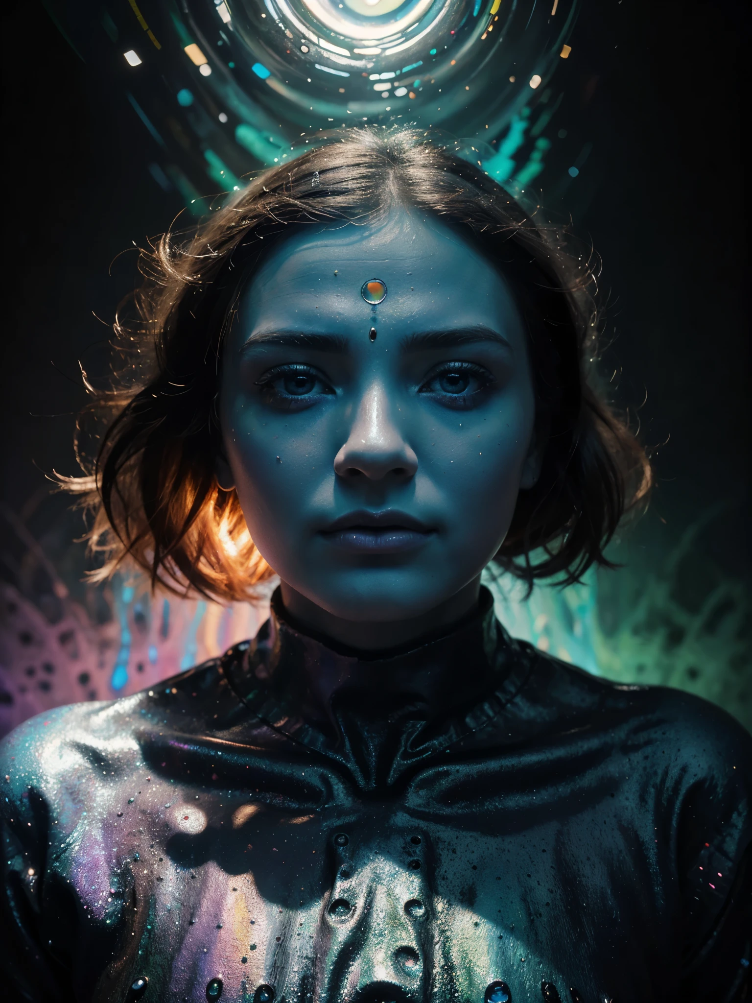 In the style of op art, create a surrealistic portrait of a person with vibrant, iridescent skin resembling a detailed sculpture inspired by Moebius and Beksinski. The person is against a hypnotic, psychedelic background dominated by orange, pink, green, and blue tones, resembling an oil on water effect, the artwork should be created using oil painting technique on canvas, black background. The person's eyes should be strikingly blue and there should be special effects with a symmetrical arrangement, surreal,soft airbrush, psychedelic, bioluminescent. The overall artwork should have a silver surfer- like appearance. The resolution of the artwork should be 8k, with HDR and UHD capabilities, making it an award winning and dramatic piece of art trending on Artstation