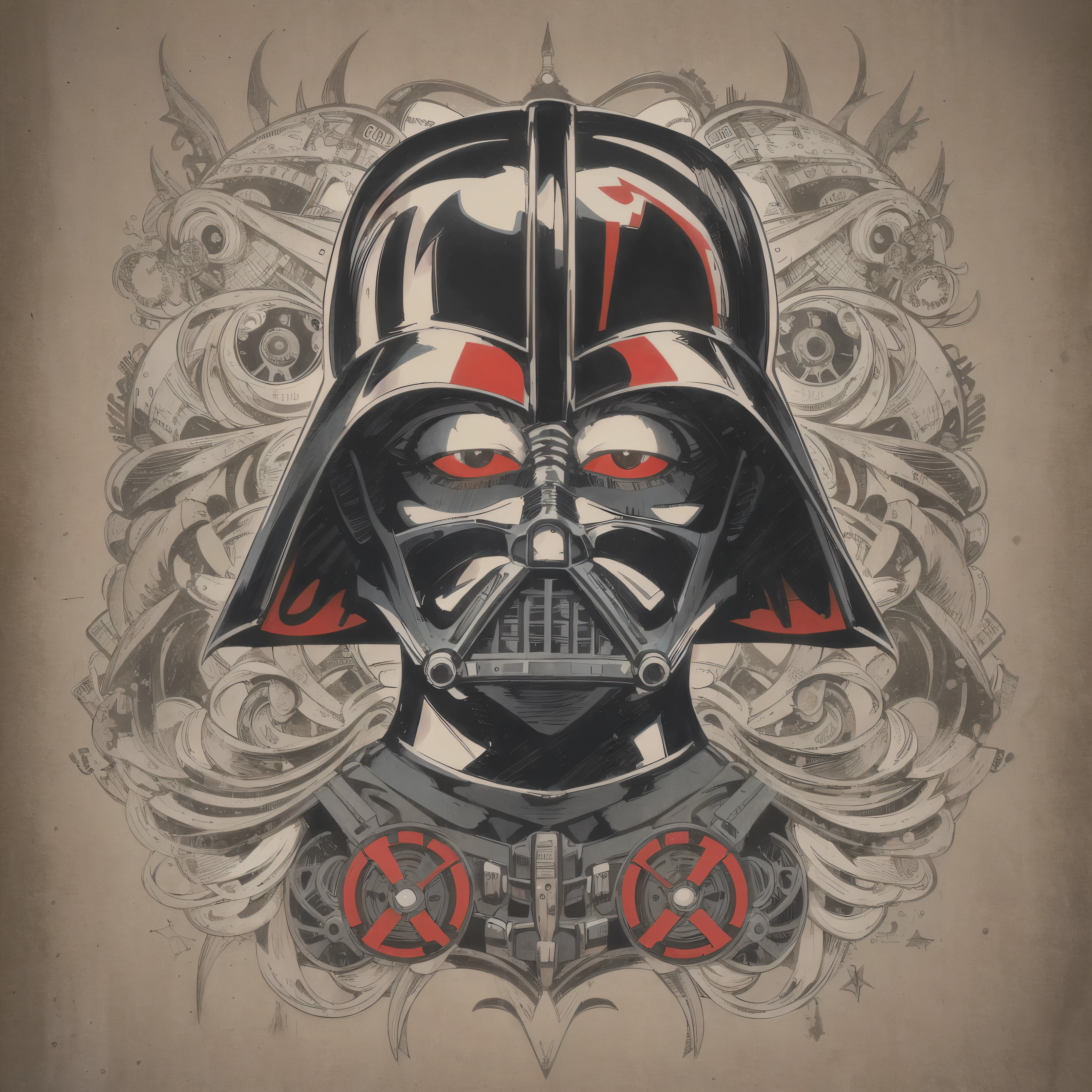 Darth Vader (Darth Vader) detailed复古封面, detailed, illustration,broken to pieces,heart shape eye,charming。Black, white and red color scheme,Cartoon flattening,vector,comic style,Wire,Stroke。symmetry;Front view。