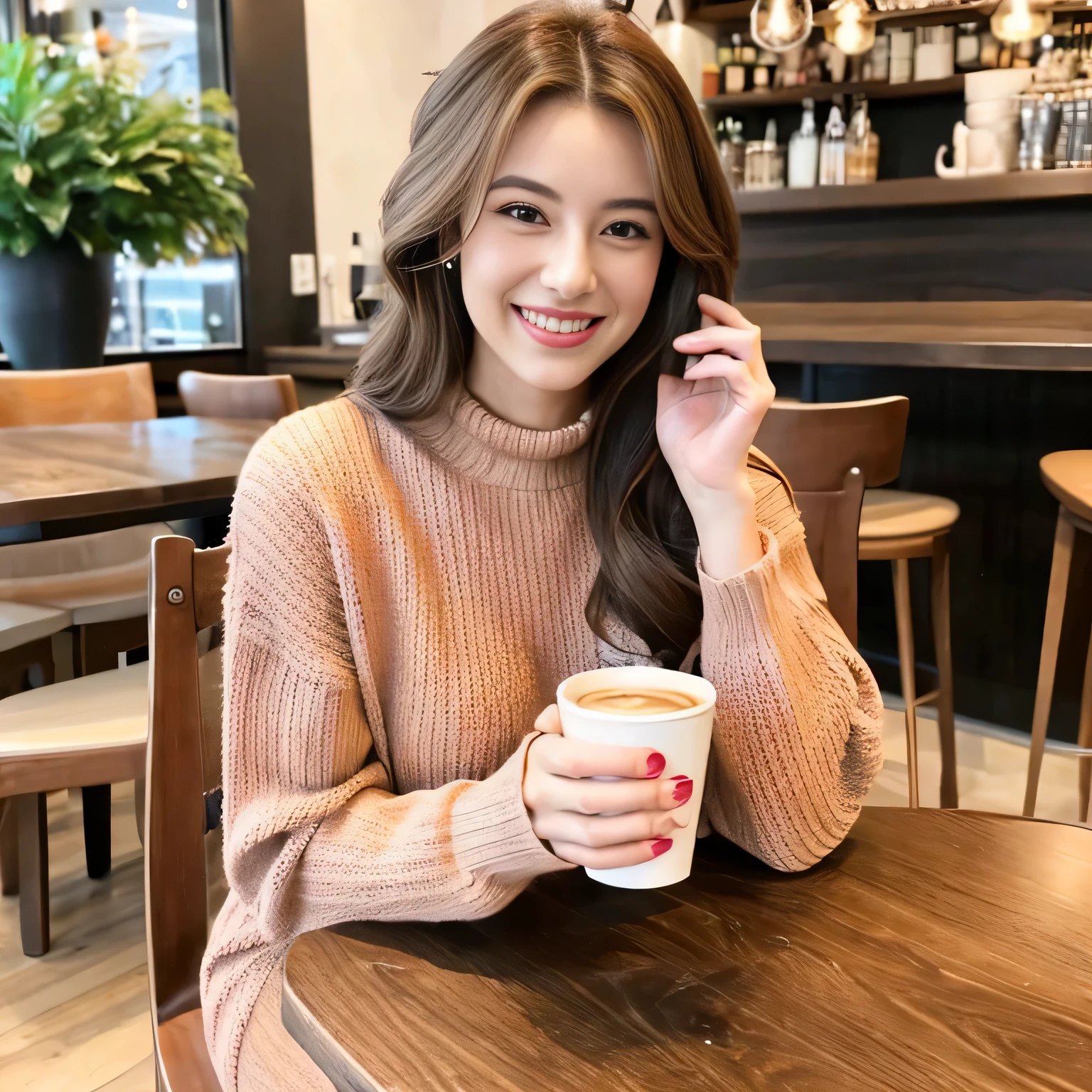 1 girl,25, masterpiece, high quality,8K, beautiful face, droopy eyes, smile,long hair, nature, long eyelashes, Glossy skin, 茶色のウェーブのかかったlong hair, Joyful, very smile, at the cafe, solid knit sweater dress, Looking at camera while drinking coffee,(( sit in a chair)), front shot,