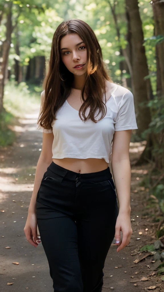 Beautiful Women, age: 16, hair color: Brunette, height: 170cm, ultrarealistic, Masterpiece, selfie in the woods, summer day, alternativ girl, wears long low waisted pants, top is black, cute face, full body shot