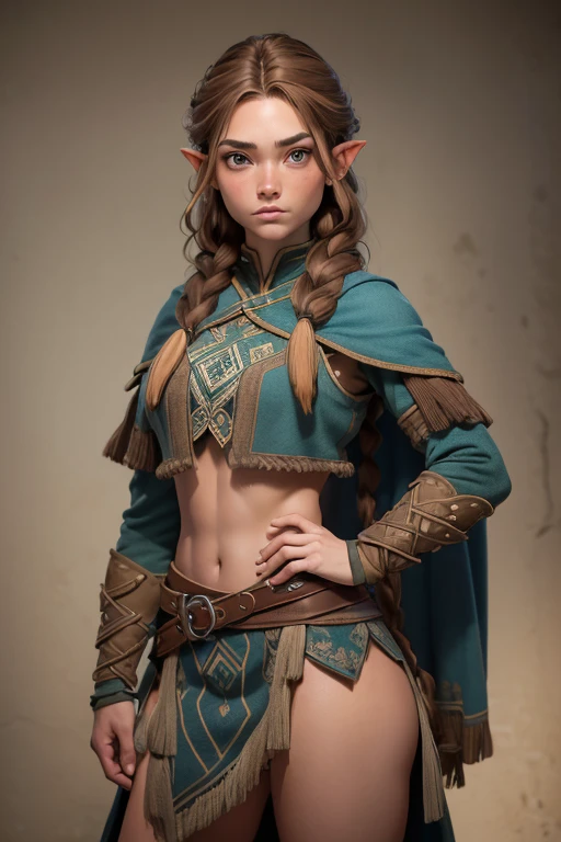 (Obra maestra, La mejor calidad) (young warrior woman of nordic descent), (ojos verdes), (Muscular), (falda de piel), (brown hair color),(loose hair with small braids on the scalp), (top con correa de cuero) plumas, capa sobre el hombro, bufas, (azul, gray and brown suit). elf ears