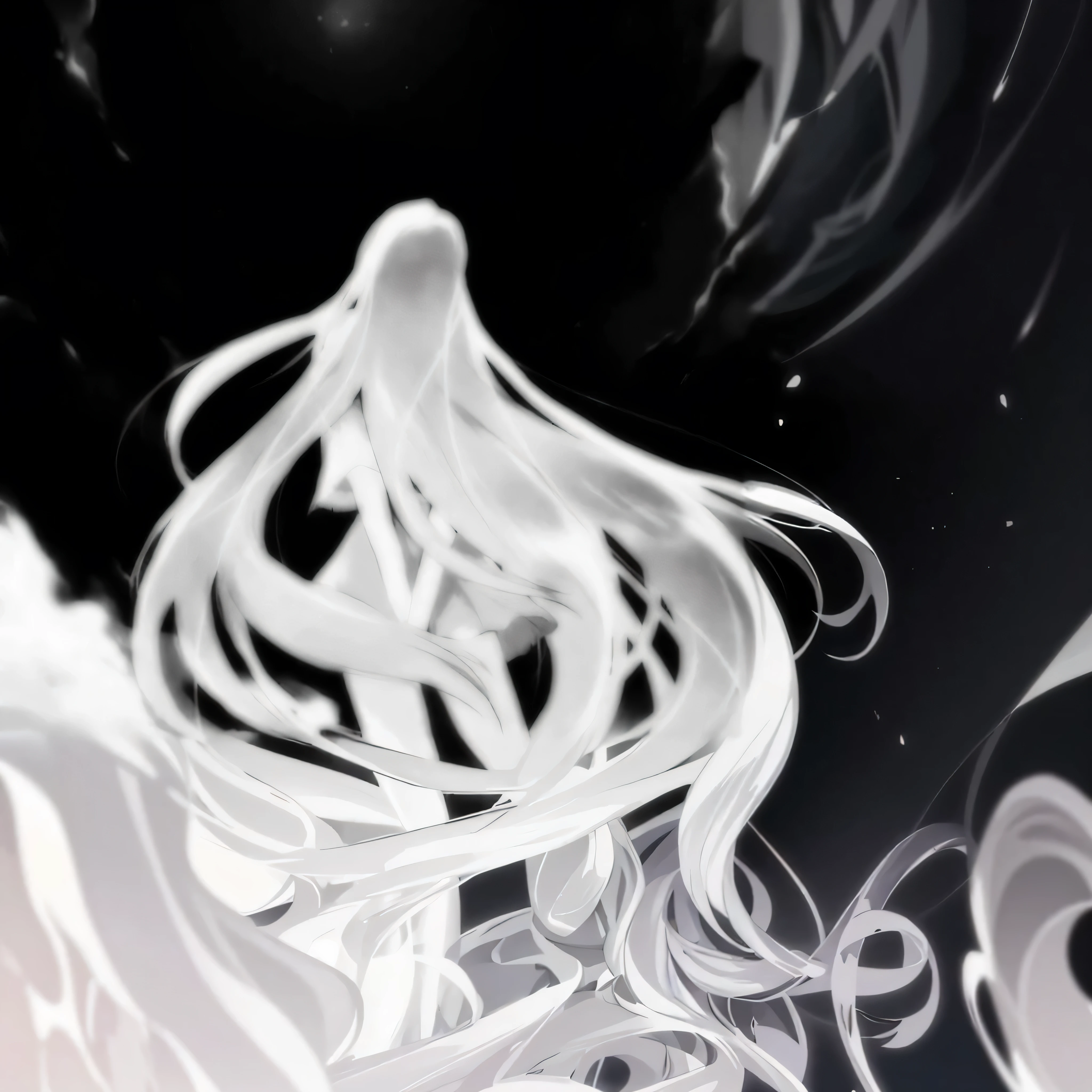 arafed image of a woman with long hair in a black and white photo, ethereal anime, white haired deity, white hair floating in air, fine details. anime. tentacles, albedo from the anime overlord, anime girl with long hair, albedo from overlord, anime clouds, zero two, anime keyframe, screenshot from guro anime