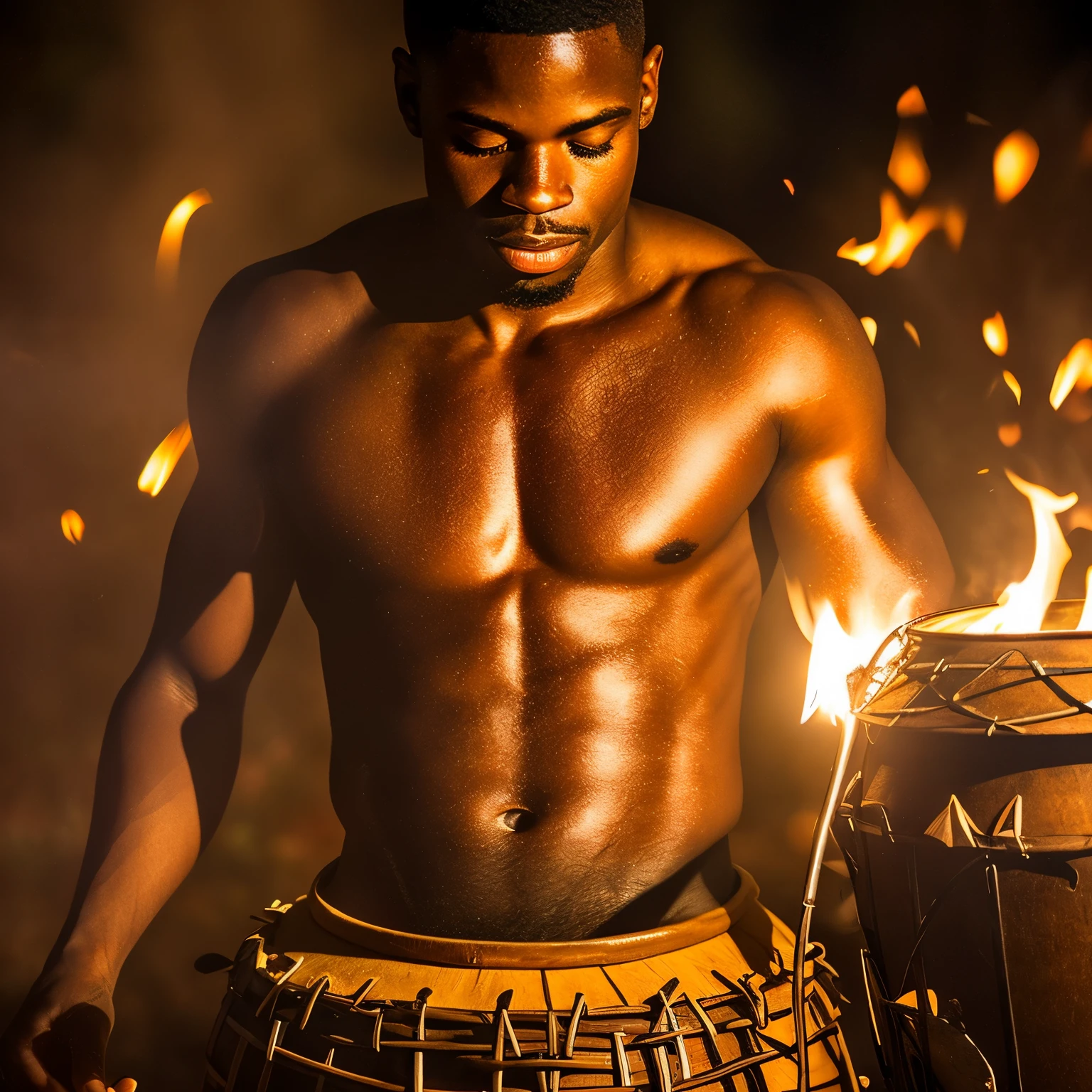 Ultra-high-definition image at 3840x2160 pixels, portrays an African man in a ritual circle, deeply engrossed in playing an authentic African percussion drum. The scene is meticulously crafted for ultra-realism, with a vibrant and deep color palette that celebrates the richness of African skin tones and traditional fabrics. Lighting is intricately designed, creating soft shadows that dance on the man's face and body, while bright highlights reflect the ambient light from torches or bonfires, adding to the atmosphere.
The man's features are rendered with precision and texture, revealing every crease on his face, the subtle