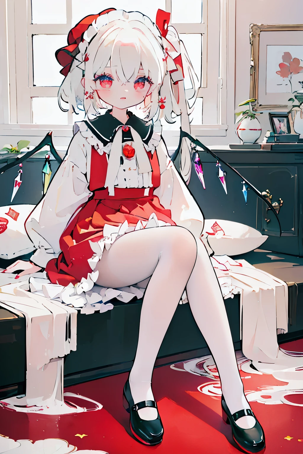 (64k, RAW photo, best quality, masterpiece),(waterpaint,illustration.paint),(detailed eyes and cute face) , flandre scarlet (Medium cute fluffy white hair) , Cute big eyes , mistress , cute wife , thighs , cute Medium bust , Smooth abdomen , maid attire, black pantyhose, student shoes