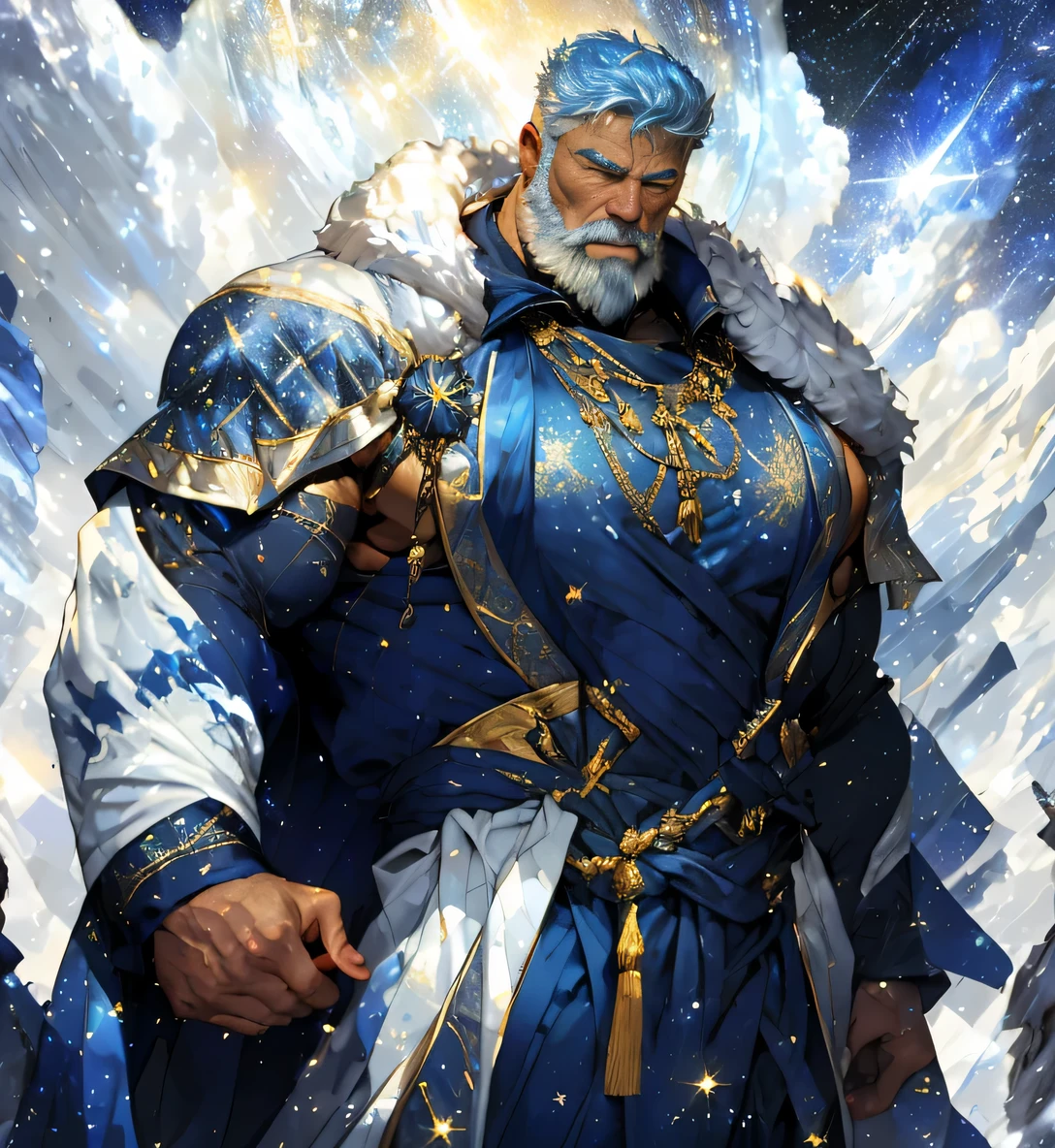 A big one, muscular old man，Sixty-five years old，Gorgeous sapphire blue silk robe，gold trim，He showed off his huge muscular chest，He showed off his great pecs，Energetic，Behind him are the brilliant starry sky and the cold polar regions，He showed off his strong chest muscles，Looking to the future，