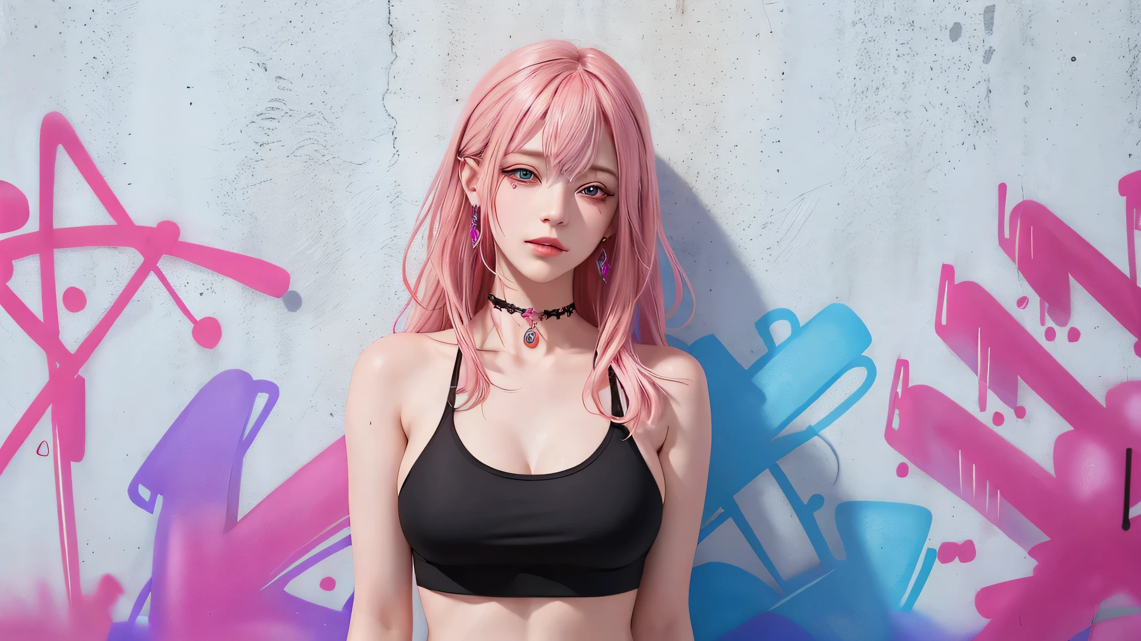 (Masterpiece, best quality, 1 girl, alone, complicated details, Chromatic aberration), realistic, ((Moderate breath)),long hair, pink hair, Red headpiece, Pink Highlights, hair on one eye,purple eyes, earring, sharp eyes, choker, Neon coat, Wear a swimsuit, crop top, (symmetrical eyes),(Perfect symmetrical body),against the wall, Brick wall, (colorful graffiti words on the wall:1.2), The light is dim., alley ,Look at the viewer.,