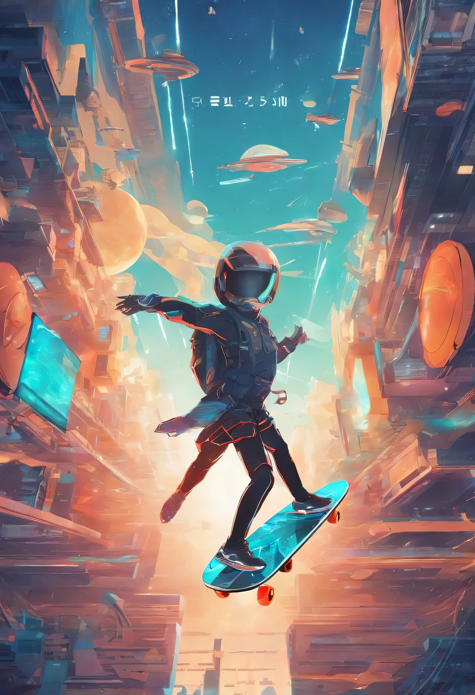 A futuristic technology boy flies upward diagonally on a flying skateboard,Boy with his back to the camera,(best quality,4K,8K,Elegant artwork: 1.2),super detailed,(lifelike,lifelike,照片lifelike: 1.37),high dynamic range,ultra high definition,studio lighting,Super fine,Physically based rendering,extremely detailed description,main,bright colors,landscape,cartoon,Science fiction,photography,concept artist,bright colors,