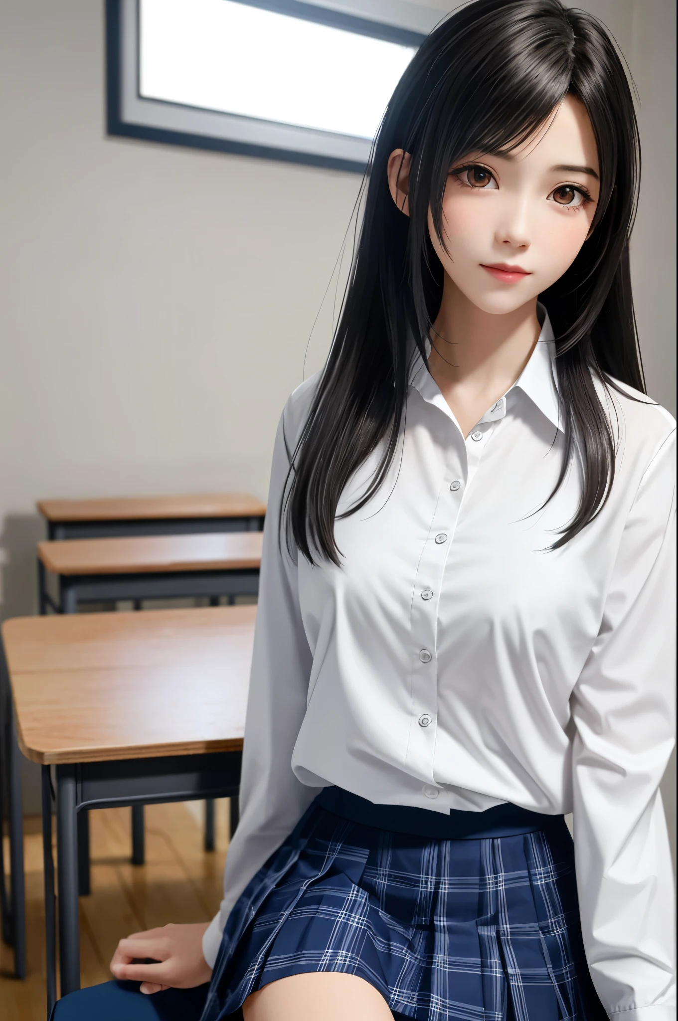 {top quality, masterpiece, ultra detailed}, (Realistic: 1.3), (photo Realistic: 1.3),wallpapers, BREAK (lying:1.5,on back:1.5),(((FF7,Tifa_lockhart))),{{{Japanese JK uniform, school shirt, long-sleeved, Navy Blue Plaid Pleated mini-Skirt}}}, {{high school, classroom}}, Cinematic lighting, sunset ,{{sexy pose, Nogizaka idol}}, Ultra-detailed face, Detailed eyes, Red eyes, BREAK (((FF7,Tifa_lockhart))),{black brown hair, Large breasts}, BREAK , About 18 years old, kawaii, sensual, {{looking away:1.3}},{{{face focus, lip close up}}},{{aroused}},(she is very shy:1.2), teary eyes:1.2, blush:1.3, shy, 