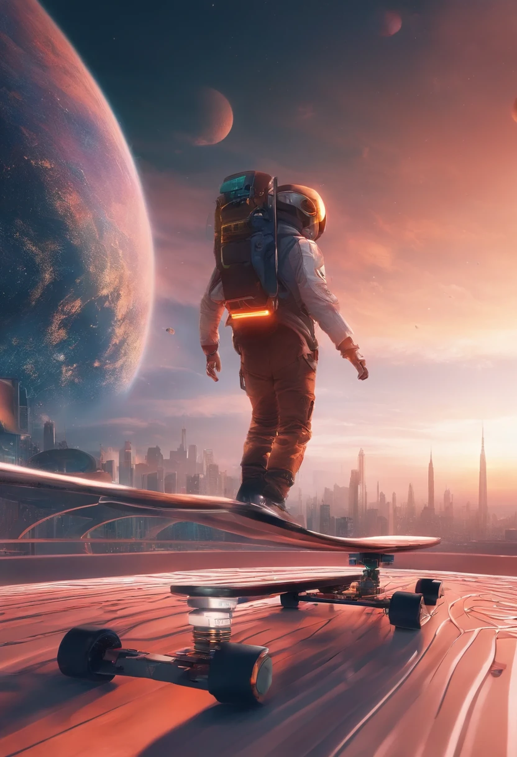 A futuristic technology boy flies upward diagonally on a flying skateboard,Boy with his back to the camera,(best quality,4K,8K,Elegant artwork: 1.2),super detailed,(lifelike,lifelike,照片lifelike: 1.37),high dynamic range,ultra high definition,studio lighting,Super fine,Physically based rendering,extremely detailed description,main,bright colors,landscape,cartoon,Science fiction,photography,concept artist,bright colors,