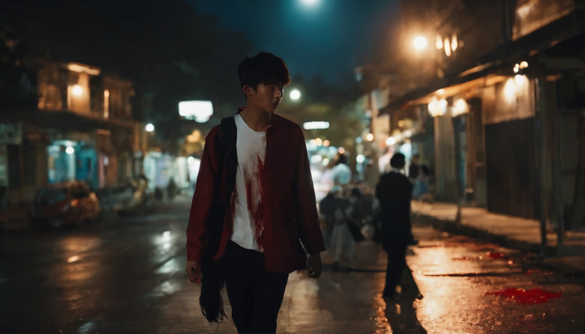 User
A Korean male middle school student walking at night with blood on his face and body.