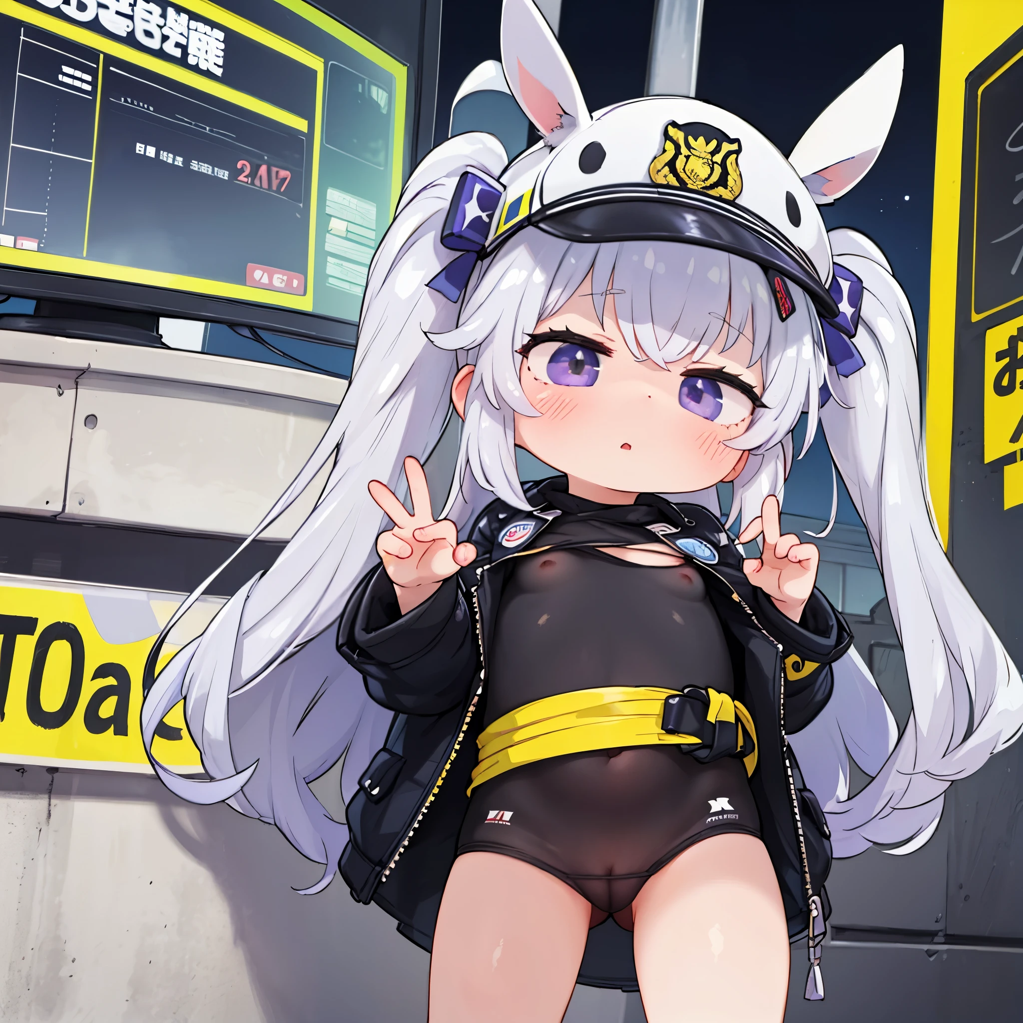 masterpiece, soft lighting, finely detailed, 1girl, short, twin tail, flat breast, thin, police girl, bunny ears, purple eyes, grey hair, police costume, embarrassed, night city background, dark blue and black clothes, police hat, yellow police tape background, cute