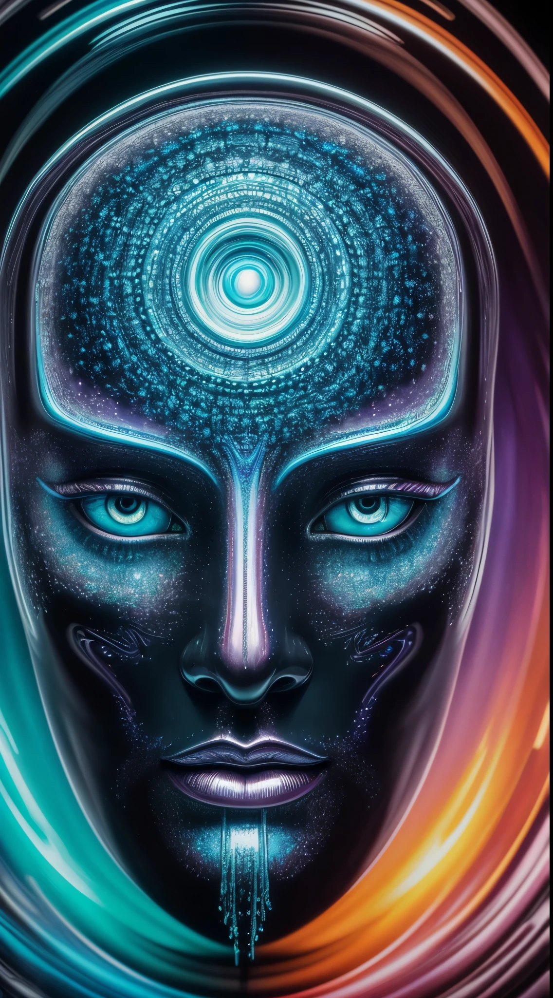 (best quality,4k,8k,highres,masterpiece:1.2),ultra-detailed,(realistic,photorealistic,photo-realistic:1.37),op art style,surrealistic portrait, vibrant iridescent skin, detailed sculpture inspired by Moebius and Beksinski, hypnotic psychedelic background, orange tones, pink tones, green tones, blue tones, oil on water effect, oil painting technique on canvas, black background, strikingly blue eyes, special effects, symmetrical arrangement, surreal, soft airbrush, psychedelic, bioluminescent, silver surfer-like appearance, HDR, UHD, award winning, trending on Artstation