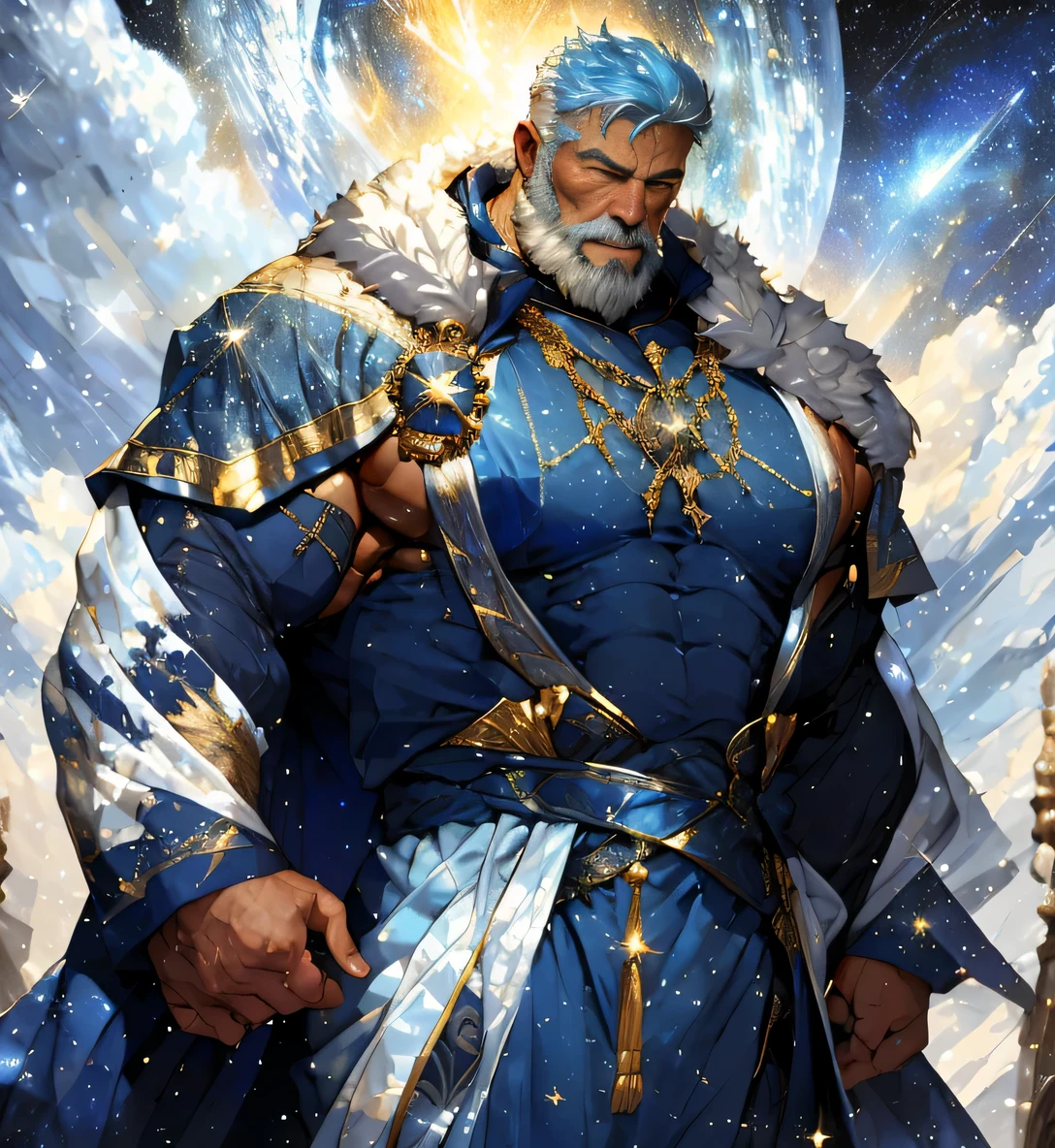 A big one, muscular old man，Sixty-five years old，Gorgeous sapphire blue silk robe，gold trim，He showed off his huge muscular chest，He showed off his great pecs，Energetic，Behind him are the brilliant starry sky and the cold polar regions，He showed off his strong chest muscles，Looking to the future，