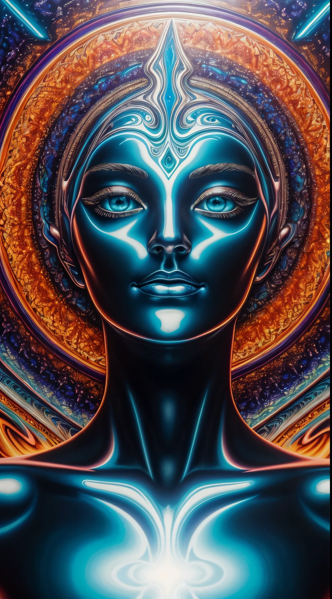 (best quality,4k,8k,highres,masterpiece:1.2),ultra-detailed,(realistic,photorealistic,photo-realistic:1.37),op art style,surrealistic portrait, vibrant iridescent skin, detailed sculpture inspired by Moebius and Beksinski, hypnotic psychedelic background, orange tones, pink tones, green tones, blue tones, oil on water effect, oil painting technique on canvas, black background, strikingly blue eyes, special effects, symmetrical arrangement, surreal, soft airbrush, psychedelic, bioluminescent, silver surfer-like appearance, HDR, UHD, award winning, trending on Artstation