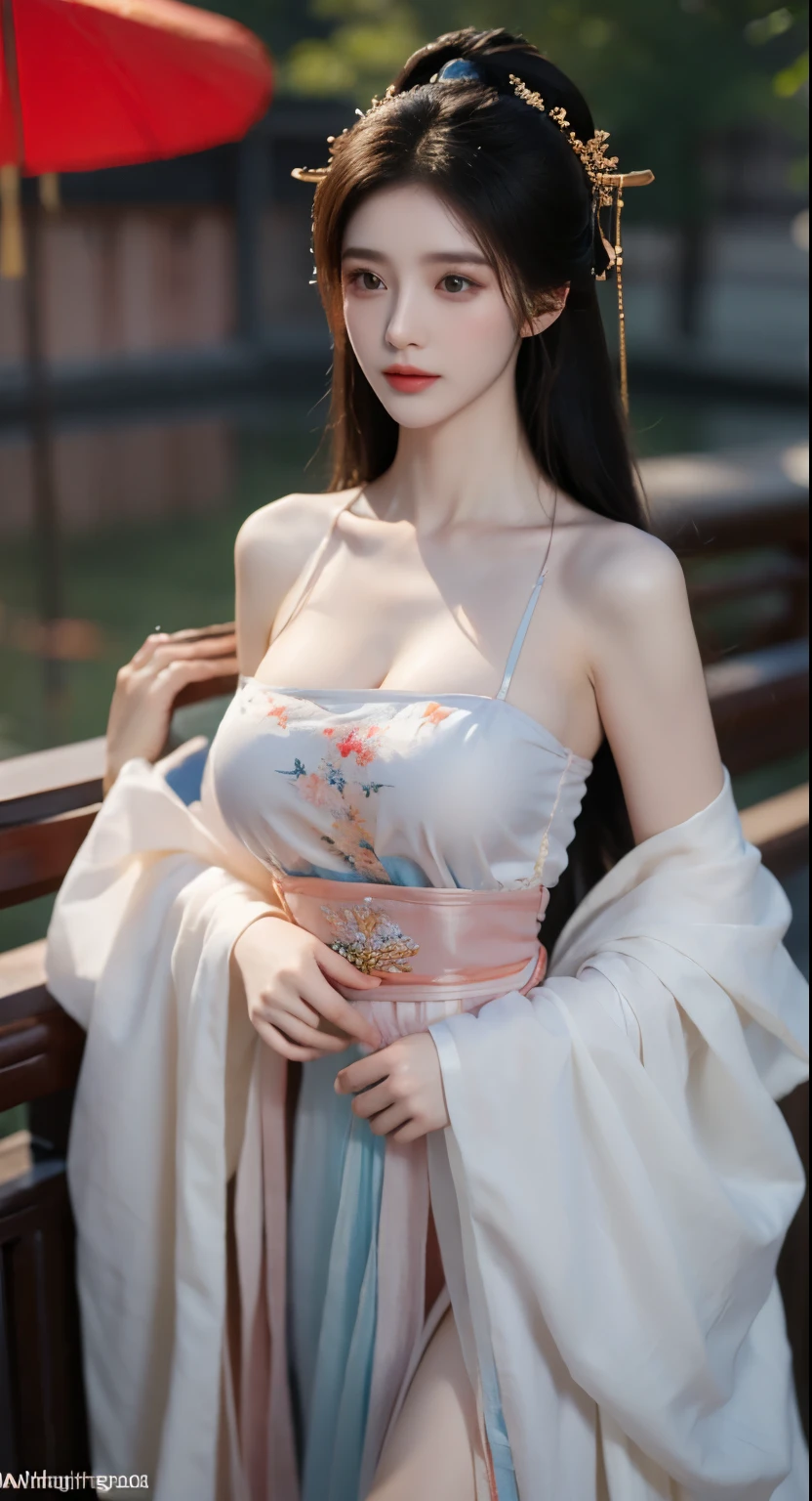 (high quality、top quality、Realism、unified 8k:1.5)masterpiece,highest resolution,night:1.4,moonlight a girl,healthy plump body:1.3,big boobs:1.3,Body facing the camera:1.3,Eyes for details,Sexy,Noble,beautiful face:1.2,Detail of hair,The texture of the details:1.1,Translucent effect:1.3,Translucent gorgeous Hanfu:1.4,Flower embroidery:1.1,Off the shoulders,sling,V-neckline,cleavage,silk,Clothing that fits snugly to the body,soaked clothes:1.3,long black hair,Chinese hair accessories,thin waist