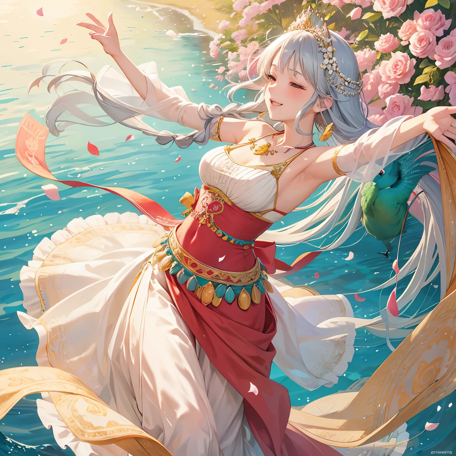 One sunny day, an old woman is gracefully dancing near a river, her laughter filling the air as a vibrant peacock accompanies her. The gentle breeze rustles through her silver hair, adorned with delicate flowers in her braids. The scene comes alive with the colors of a myriad of flowers, each one seemingly dancing along with her, their petals playfully swaying in the wind. The sun casts a warm glow upon the intricately patterned dress she wears, highlighting the red blush on her shinny cheeks as she continues to dance, lost in the moment. Her hands, beautiful and alluring, move with the rhythm of the music only she can hear, creating