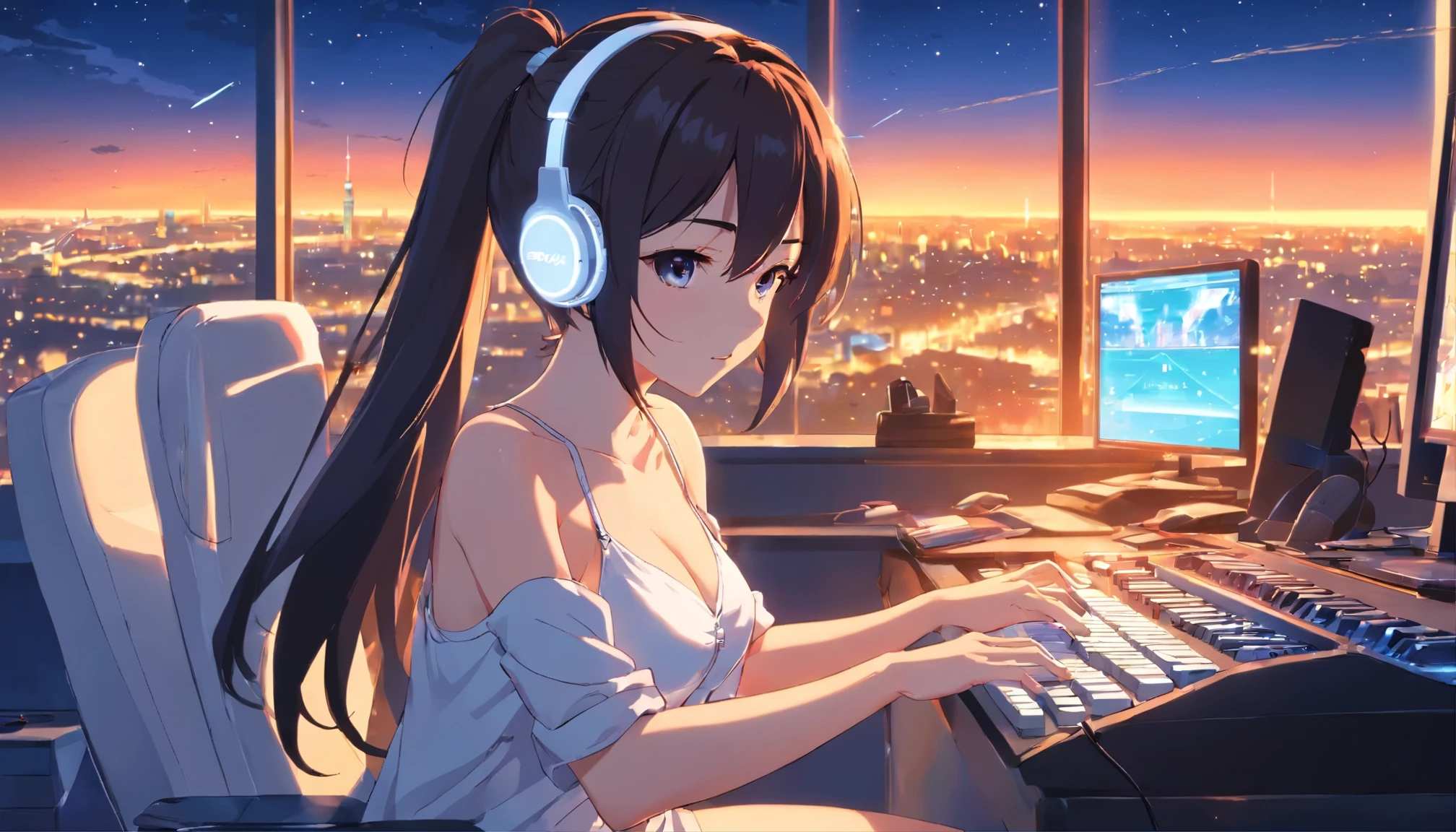 anime girl wearing white headphones, wearing a Calvin Klein underwear, she is wearing T-back, thong, black hair, 29 years old, white gaming PC, white gaming chair, Exposed cleavage, big breasts H-cup, accentuate the cleavage, accentuate big, wearing a black garter belt, revealing skin, Owner of beautiful legs, nice legs, lovely pins, lofi girl anime vibes, lofi artstyle, anime style 4k, anime aesthetic, nightcore, lofi feel, lofi art, anime art wallpaper 4k, anime wallpaper 4k, lofi vibes, plants in the room, city view, white headphone, she is programming using PC keyboard, white keyboard, She is looking at a white monitor, a white computer mouse, devises are white color, sitting on a white gaming chair, Heavenly music that fills the air, one thick candle is lighting, Night city lights illuminate the room, full moon, short ponytail, Full body shot, full body, anime style, cinematic lighting, Sony FE GM, masterpiece, best quality, 4K, highres