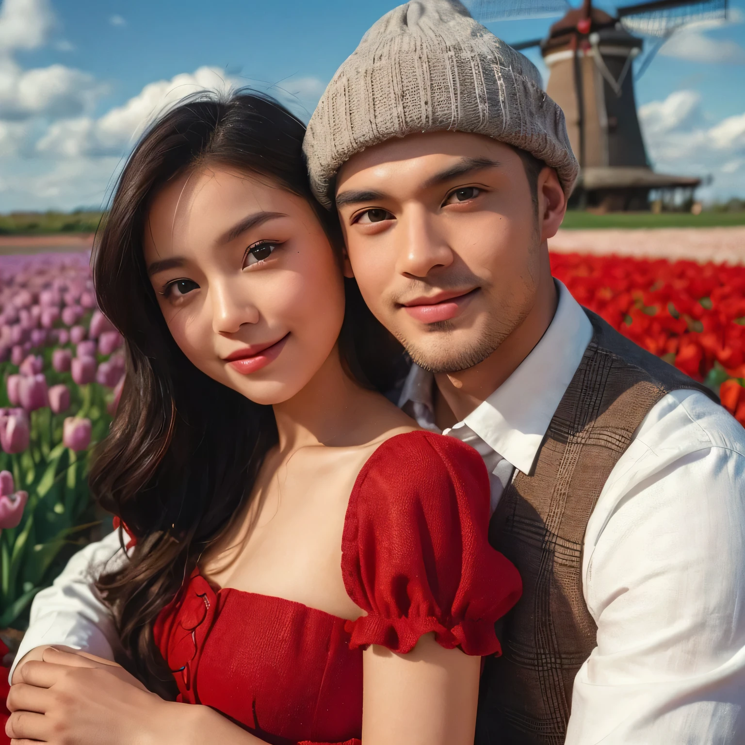 TYPE : beauty Photography
THEME : fashion
RACE : England man , Indonesian woman
PERSON 1 : Early 20s, England man bald wearing wool knit hat
PERSON 2 : Early 20s, Indonesian woman tan skin color , chubby
SCENE : sitting in a field of red and purple tulips, hugging each other, smiling looking at camera, creating a feeling of love , open eyes
PROPS: red cottagecore dress for women, white cottagecore dress for men , windmill , blue sky
CAMERA : photographed using an Canon eos 90d DSLR camera with 18-135mm lens , detailed skin texture , detailed face and body , best preset lighting , detailed background
COMPOSITION : rule of thirds ,
ANGLE : full body
