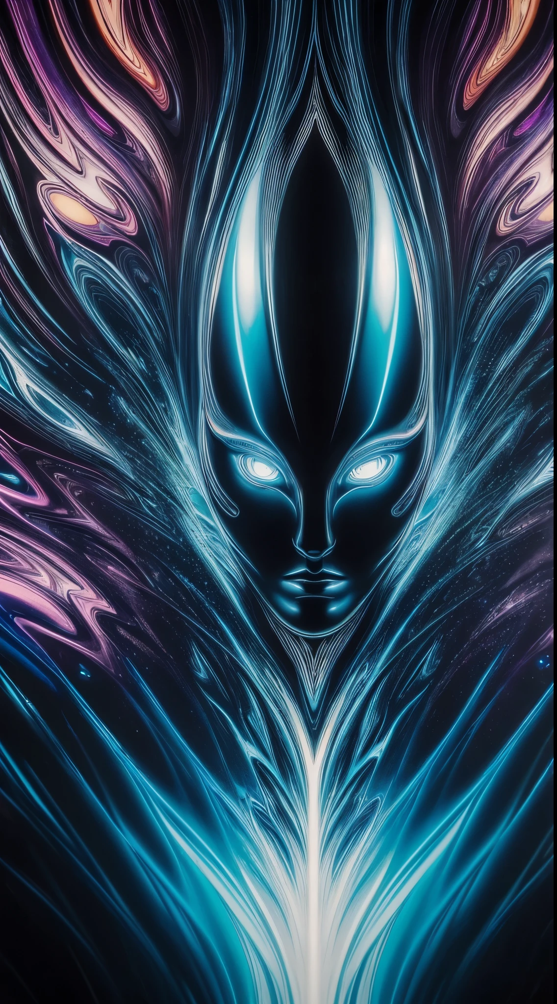 (best quality,4k,8k,highres,masterpiece:1.2),ultra-detailed,(realistic,photorealistic,photo-realistic:1.37),op art style,surrealistic portrait, vibrant iridescent skin, detailed sculpture inspired by Moebius and Beksinski, hypnotic psychedelic background, orange tones, pink tones, green tones, blue tones, oil on water effect, oil painting technique on canvas, black background, strikingly blue eyes, special effects, symmetrical arrangement, surreal, soft airbrush, psychedelic, bioluminescent, silver surfer-like appearance, HDR, UHD, award winning, trending on Artstation